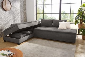 luma-home Ecksofa 15163, Dauerschläfer 307x223 cm, Schwenkteil L/R, Bettkasten, Nachtkonsole, Boxspring, Federkern, Wellenunterfederung, Topper, Bezug Cord Grau Anthrazit