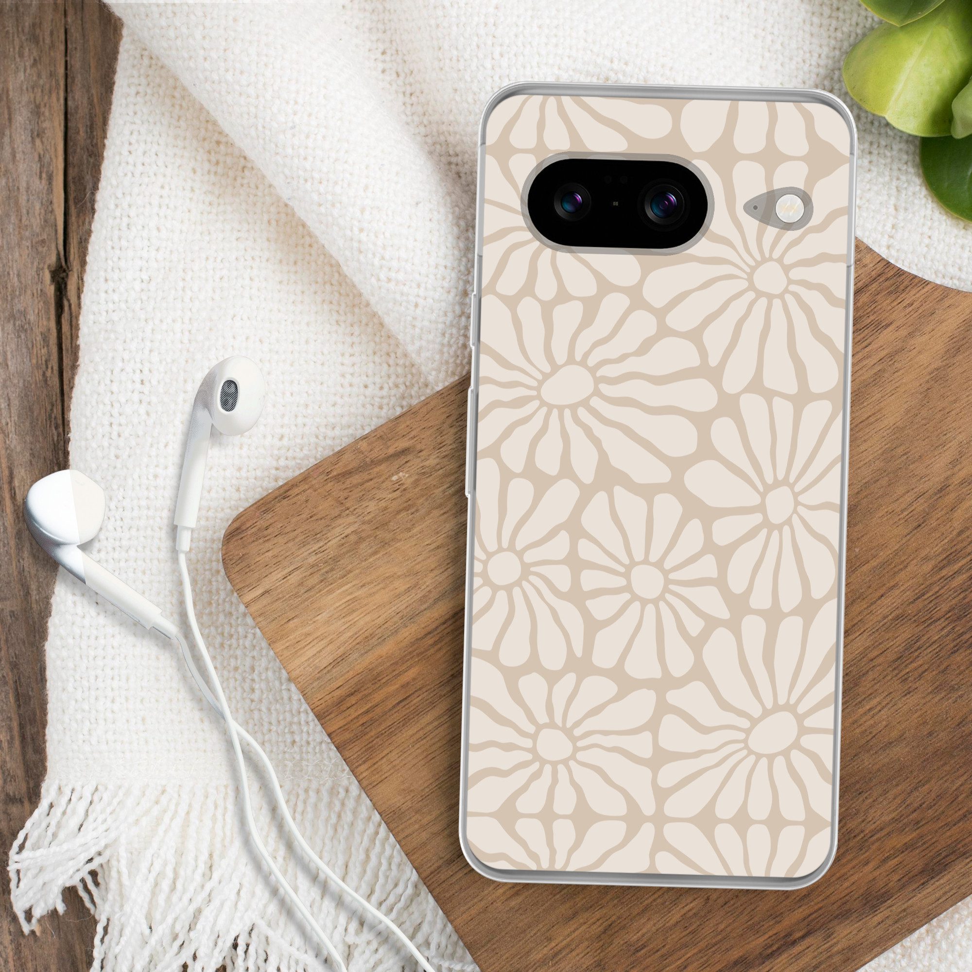 MuchoWow Handyhülle für Google Pixel 8 Floral - Druck - Beige - Braun - Minimalistisch, Handy Case, Silikon, Bumper Case Dünn