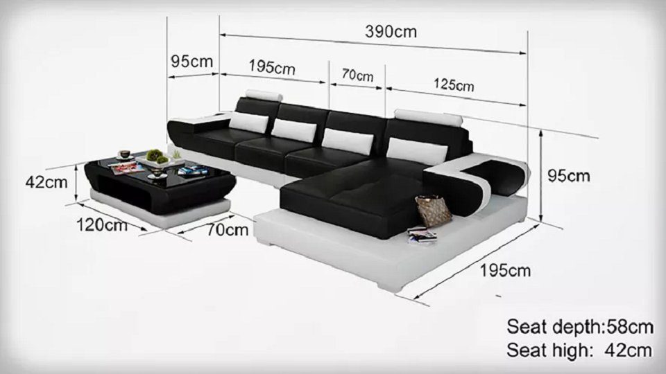JVmoebel Ecksofa Sofa Couch Wohnlandschaft mit Polstergarnitur Form Ablageflächen Schwarz/Weiß Eckcouch L Ledersofa Polster, Sofa