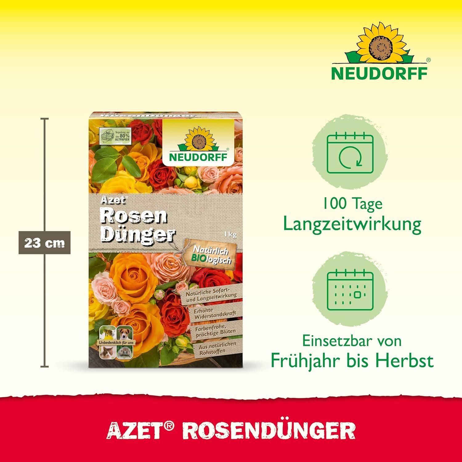 Neudorff Blumendünger Azet RosenDünger 1 kg, mit 100 Tagen Langzeitwirkung, für langanhaltend farbenfrohe Rosen, Stauden und Blütenpflanzen, aus natürlichen Rohstoffen