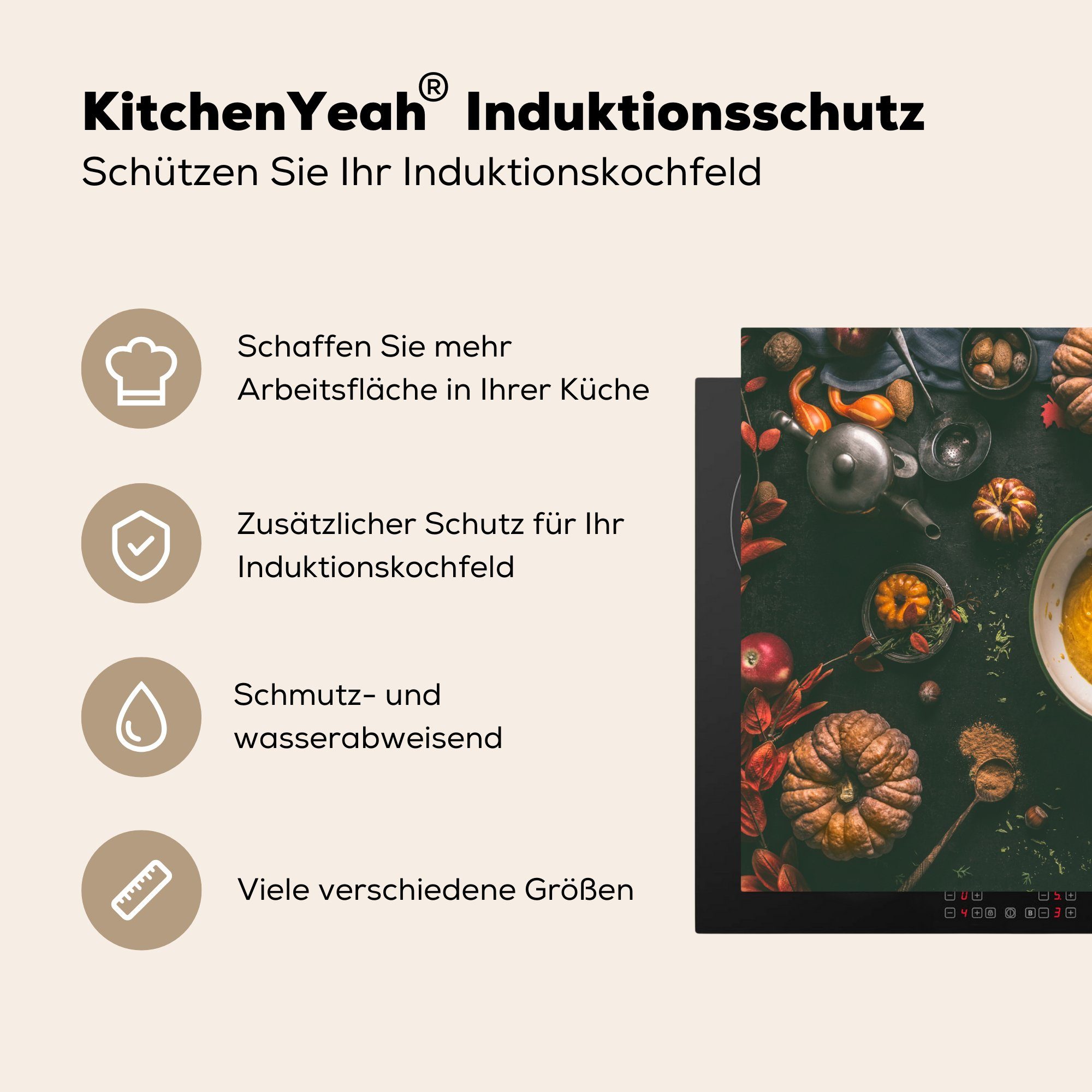 MuchoWow Herdblende-/Abdeckplatte - 70x52 Arbeitsfläche Kürbis - (1 Essen cm, nutzbar, Ceranfeldabdeckung Herbst, tlg), Vinyl, Mobile