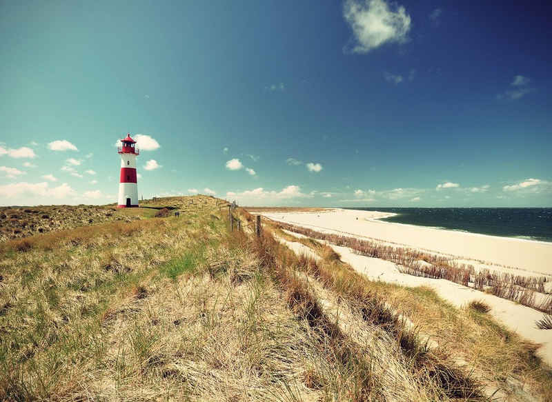 living walls Fototapete »Designwalls Lighthouse«, glatt, (5 St), Strand Fototapete Lighthouse 3,50 m x 2,55 m Grün Blau auf 170 g Vlies Tapete mit Leuchtturm