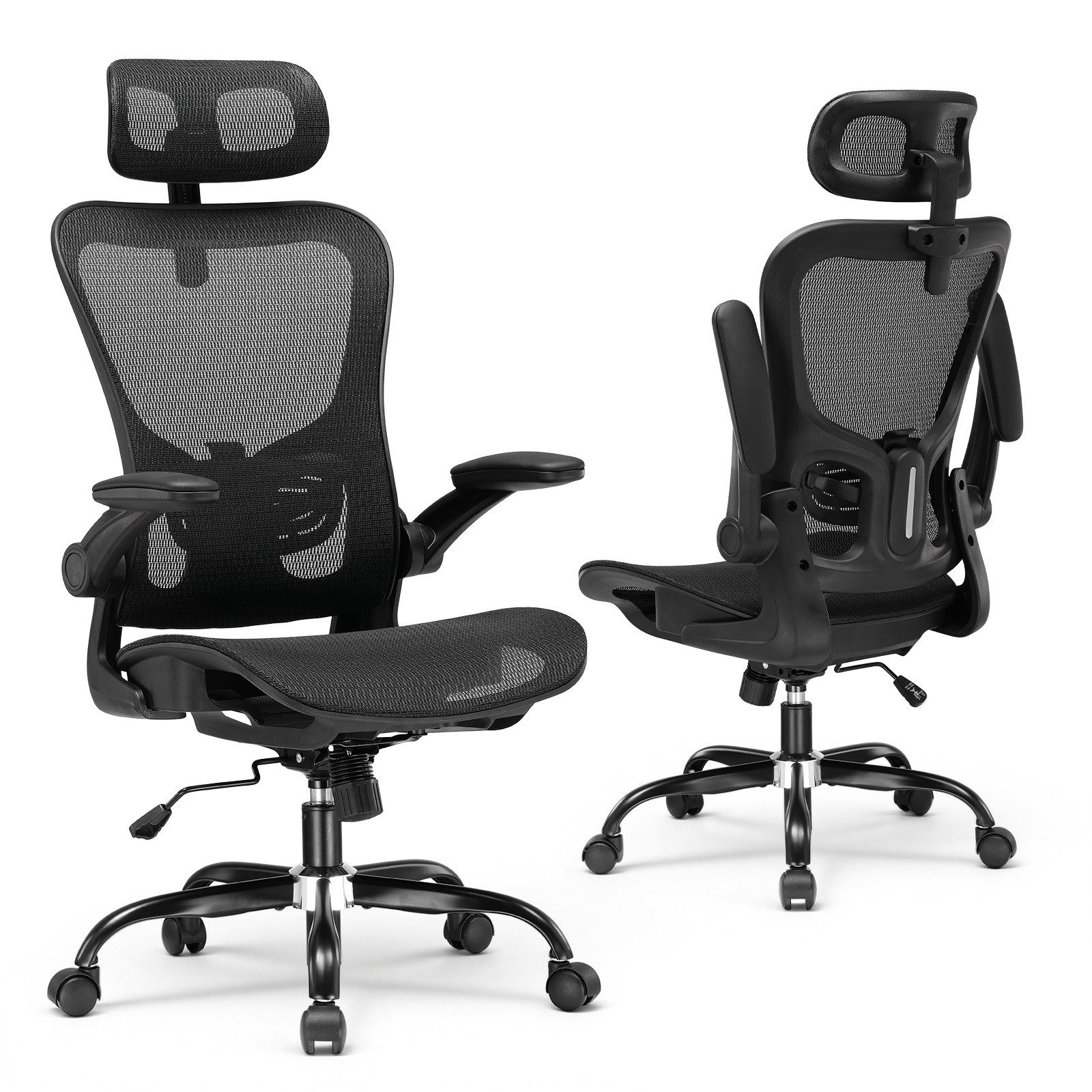 COMHOMA Bürostuhl Ergonomisch, Schreibtischstuhl mit Verstellbarer Kopf-/Armlehnenstütze, Lendenwirbelstütze, Gaming Stuhl Wippfunktion, Chefsessel aus Mesh