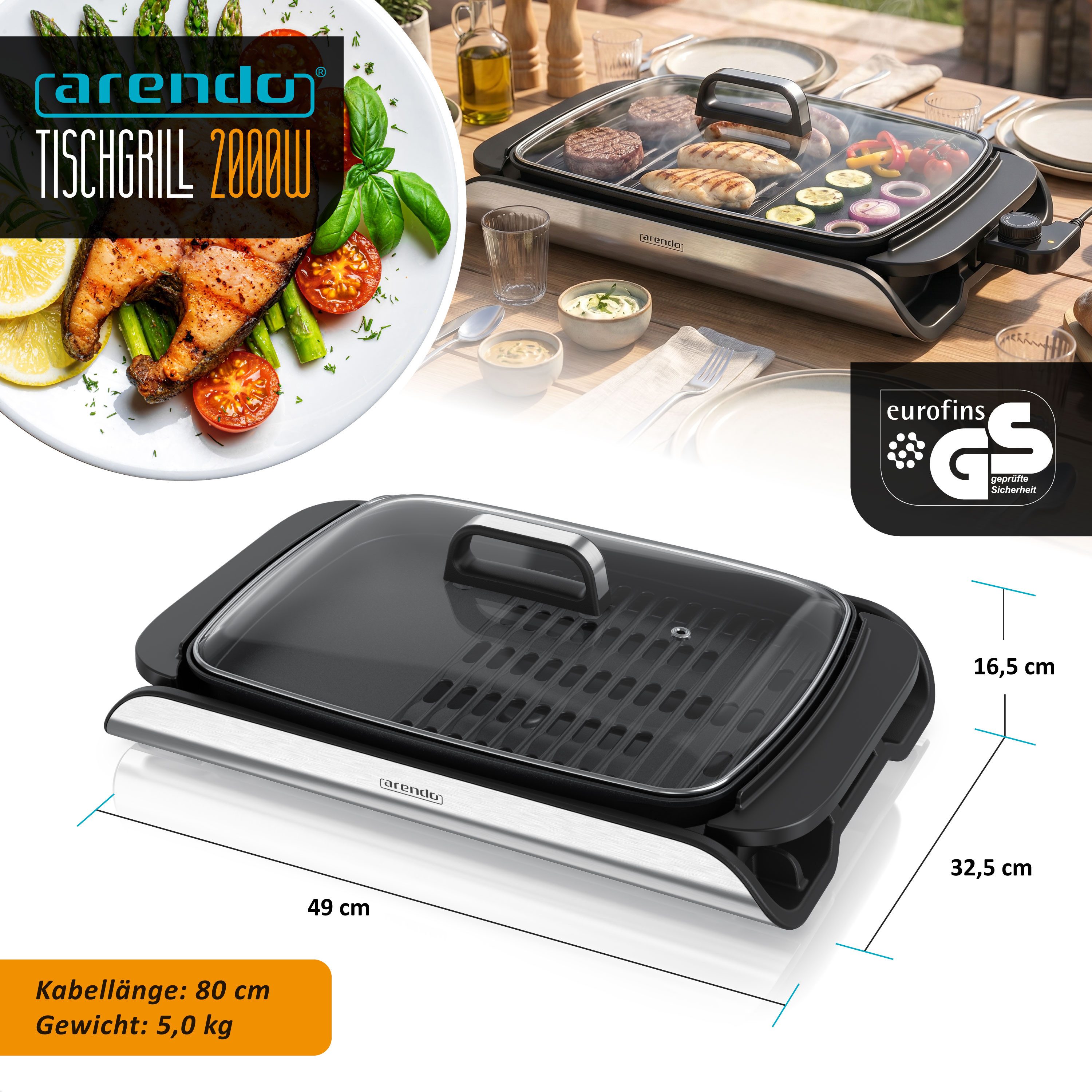 Arendo Tischgrill Elektrogrill, Glasdeckel, Edelstahl, extrastark, Antihaftbeschichtet, 2000 W, stufenlose Temperaturregelung, für Balkon, Garten & Indoor
