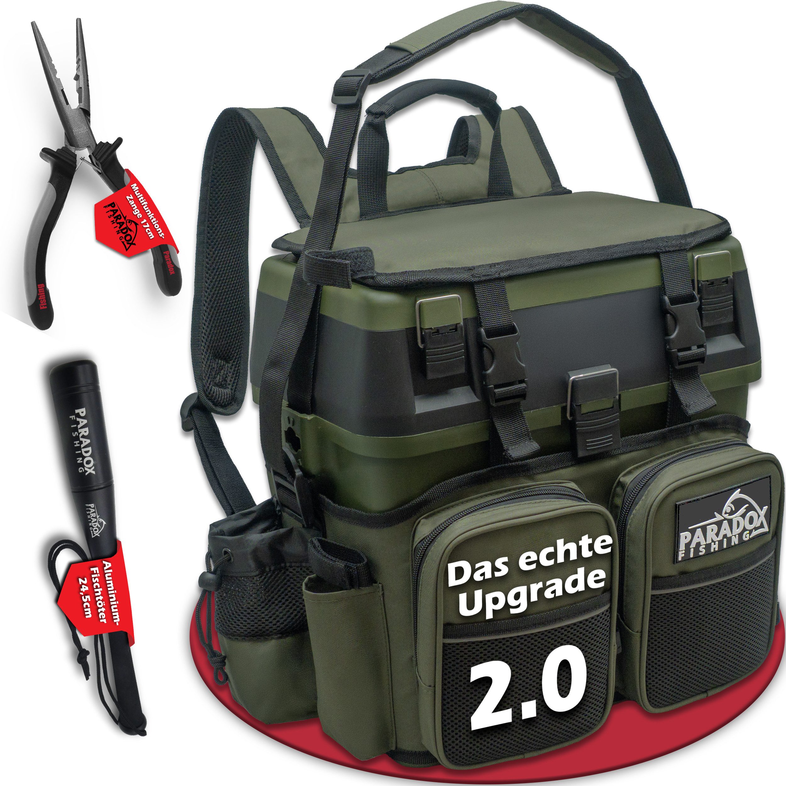 Paradox Fishing Angelrucksack 3-in-1 Multifunktions-Sitzkiepe mit 4 Boxen im Deckel (3-tlg), Zangenhalterung