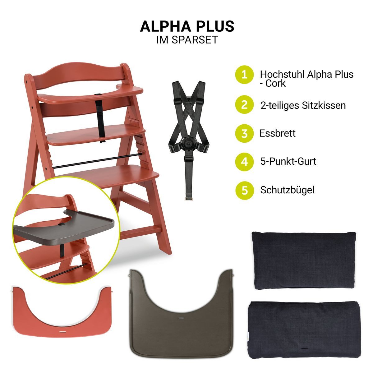 Hauck Hochstuhl Alpha Plus Cork, Holz Kinderhochstuhl Babystuhl mit Tablett günstig online kaufen
