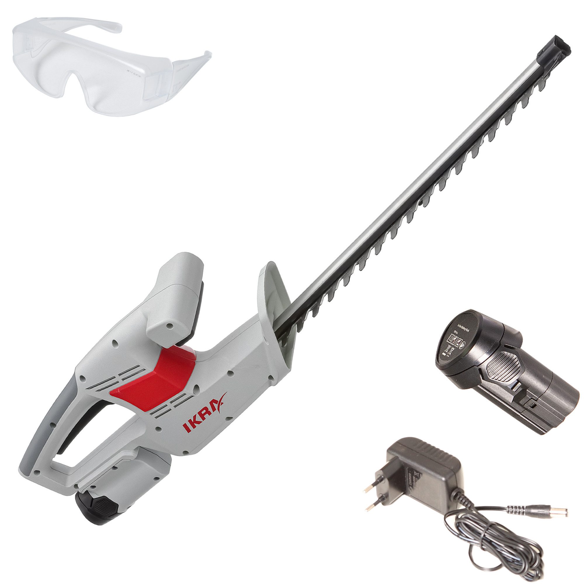 ikra GmbH Akku-Heckenschere IAHS 1240, 12 Volt, 41 cm Schnittlänge, 14 mm Schnittstärke mit Schutzbrille