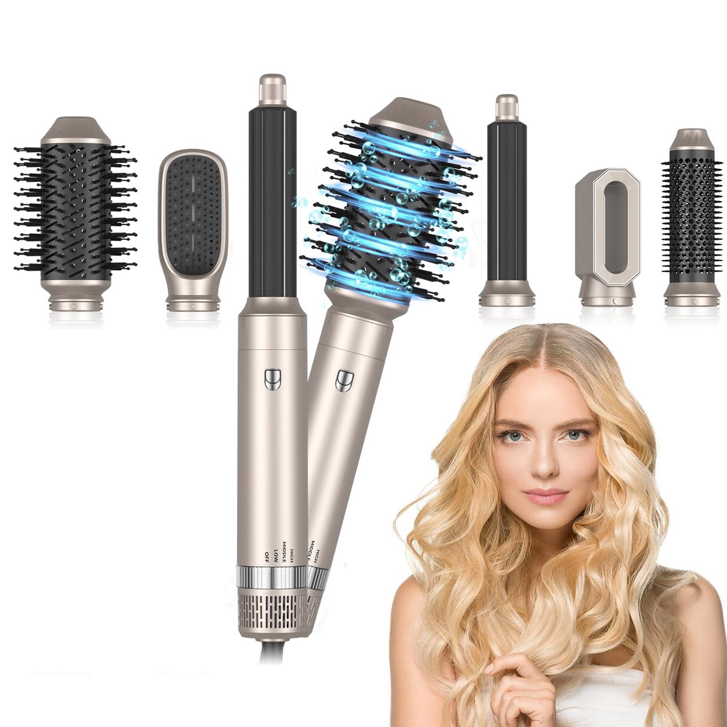 MOPUEA Glätt- und Lockenstab Warmluftbürste 6 in 1 Negativ-Ionen Technologie 3 Temperaturstufen, Negativ-Ionen-Technologie, 3 Temperaturstufen, wechselbare Aufsätze.
