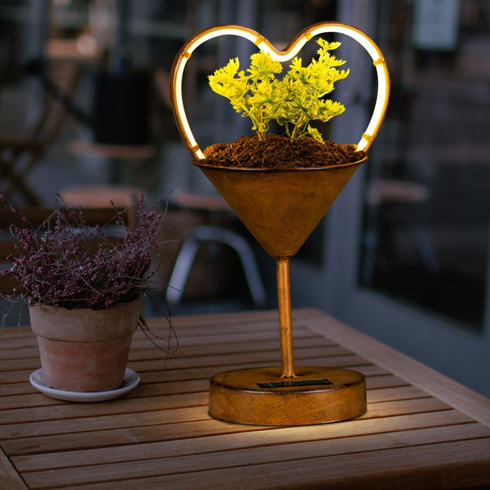 LED-Leuchtmittel Haushalt International Tischlampe Warmweiß, RostHerzform verbaut, fest LED Außenleuchte Außen-Tischleuchte, Blumentopf LED Gartendeko Solar