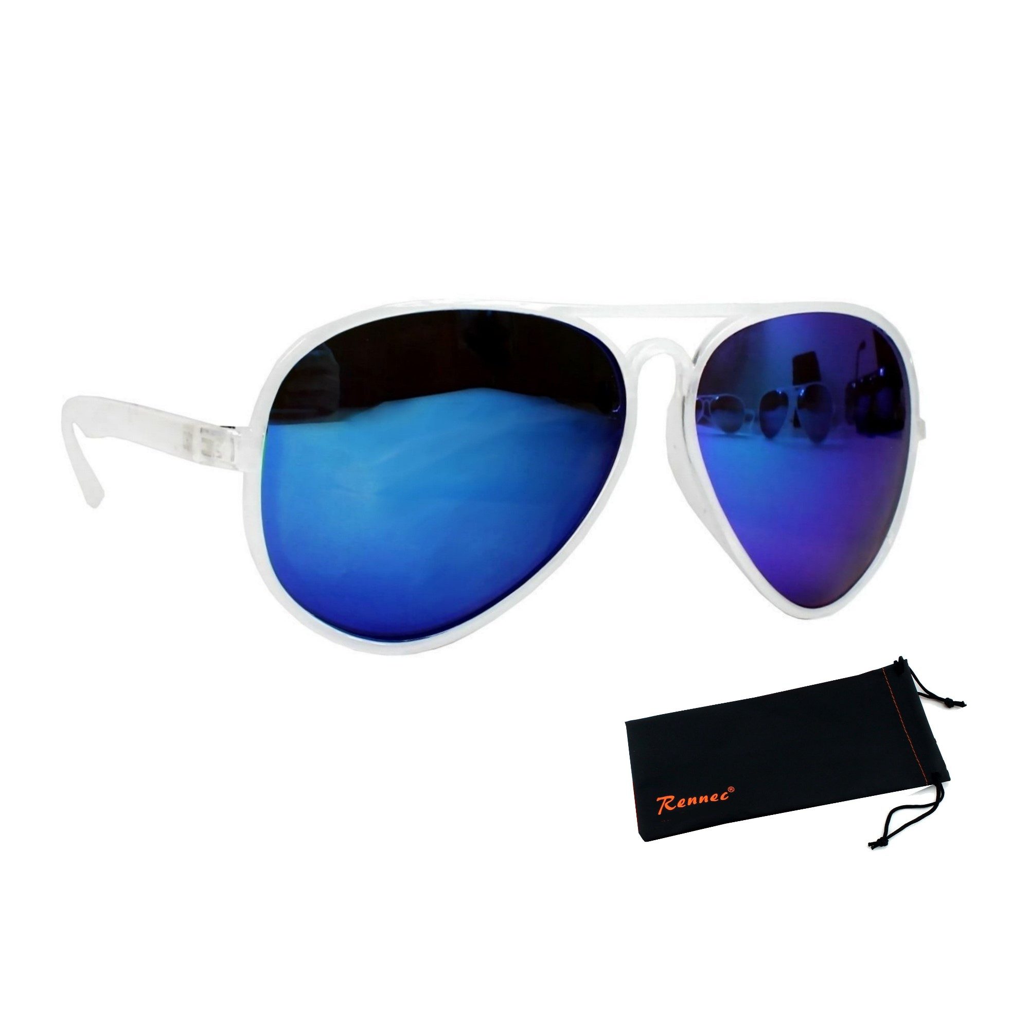 Rennec Sonnenbrille Pilotenbrille Herren Damen aus Kunststoff Leicht und Flexibel Gläser Verspiegelt, Gestell Transparent, inkl. Hardcase