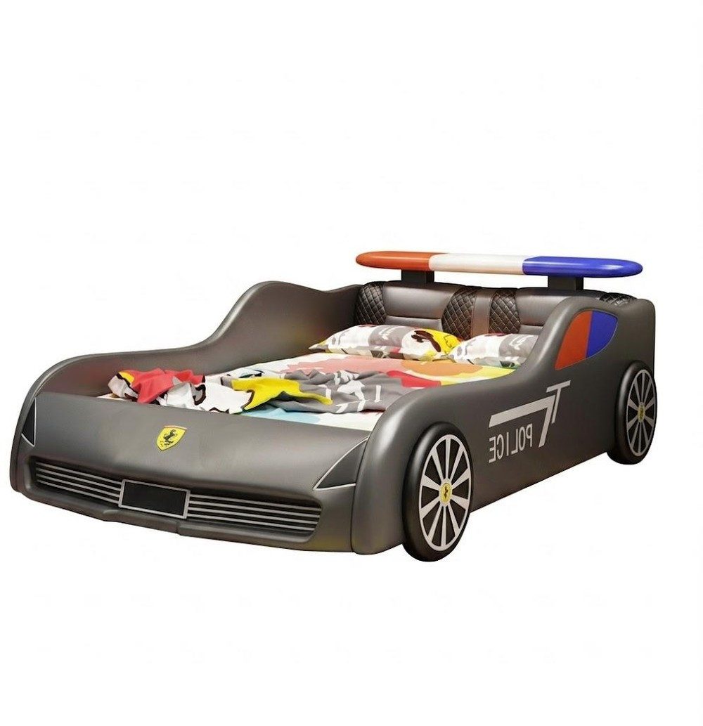 Xlmoebel Autobett Graues Kinderbett im Polizeiauto-Design mit LED-Beleuchtung, Made in Europa
