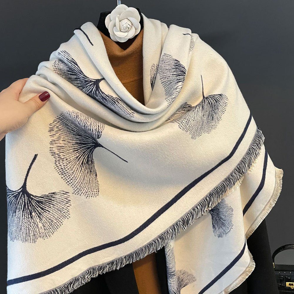 Foulard Herbst und Winter lässiger Ginkgoblatt-Jacquard-Damenschal, L.Ru UG, Vielseitiger, übergroßer Schal mit dickem, warmem, quadratischem Schal