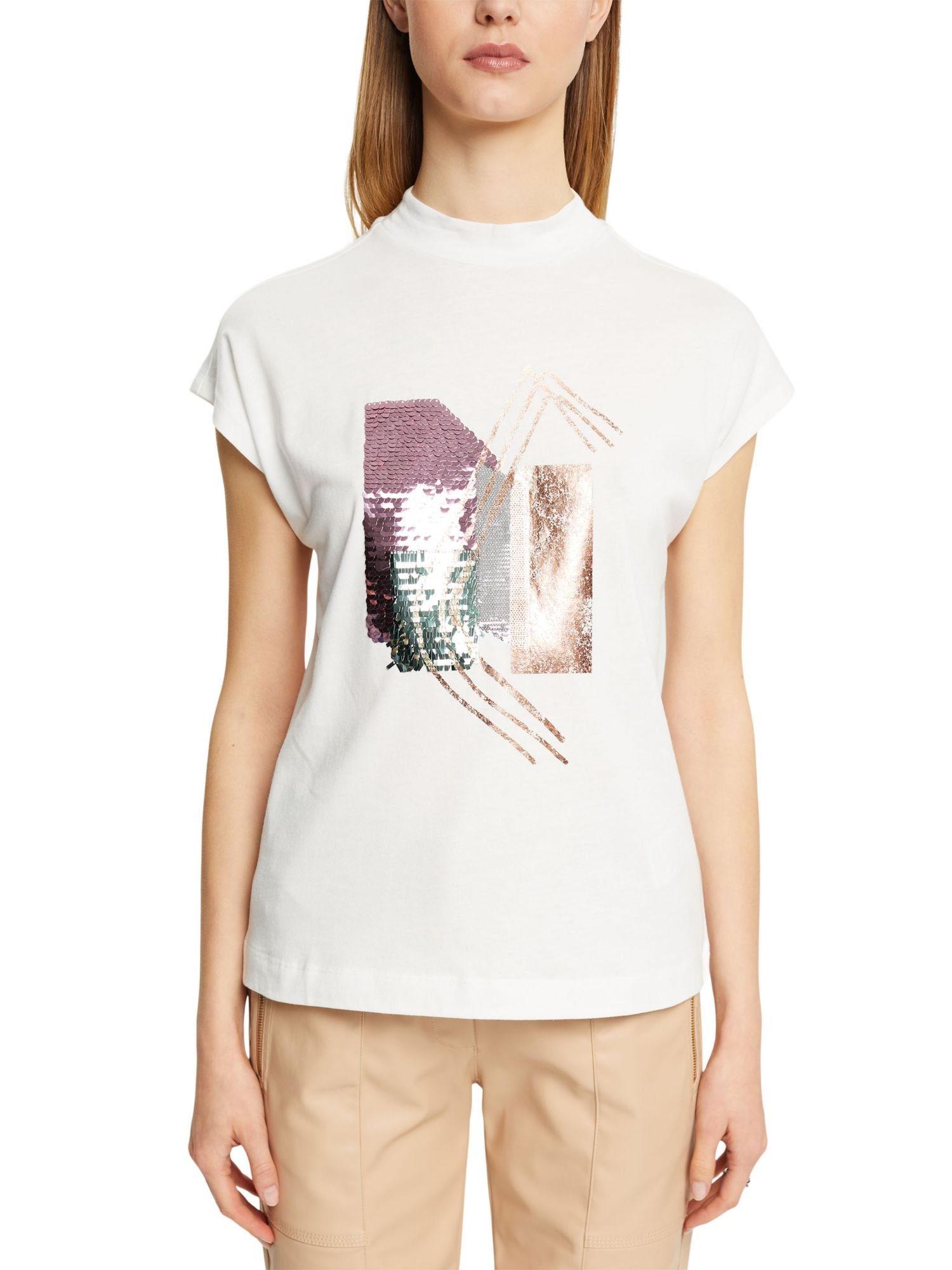 Esprit Collection (1-tlg) T-Shirt mit Paillettenapplikation, OFF T-Shirt WHITE TENCEL™