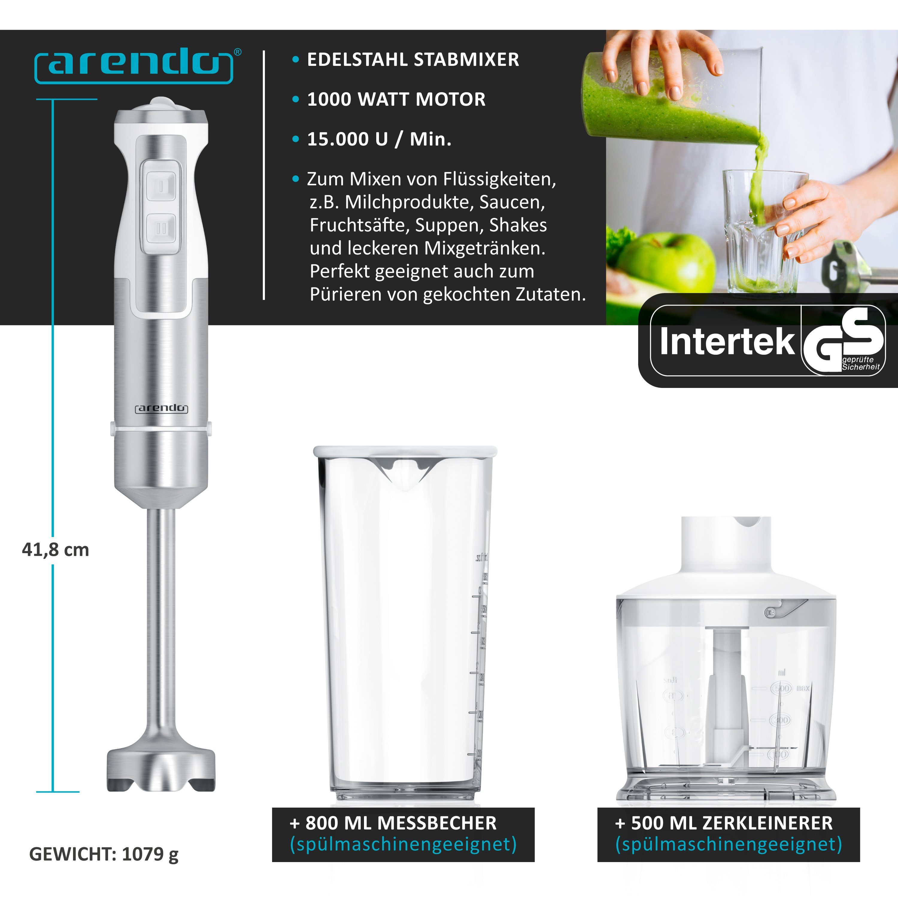Arendo Stabmixer Edelstahl Pürierstab Set mit Zerkleinerer und Messbecher, Handmixer, 1000 W, 2 Geschwindigkeitsstufen, 4-Klingen, einfache Reinigung, DC Motor