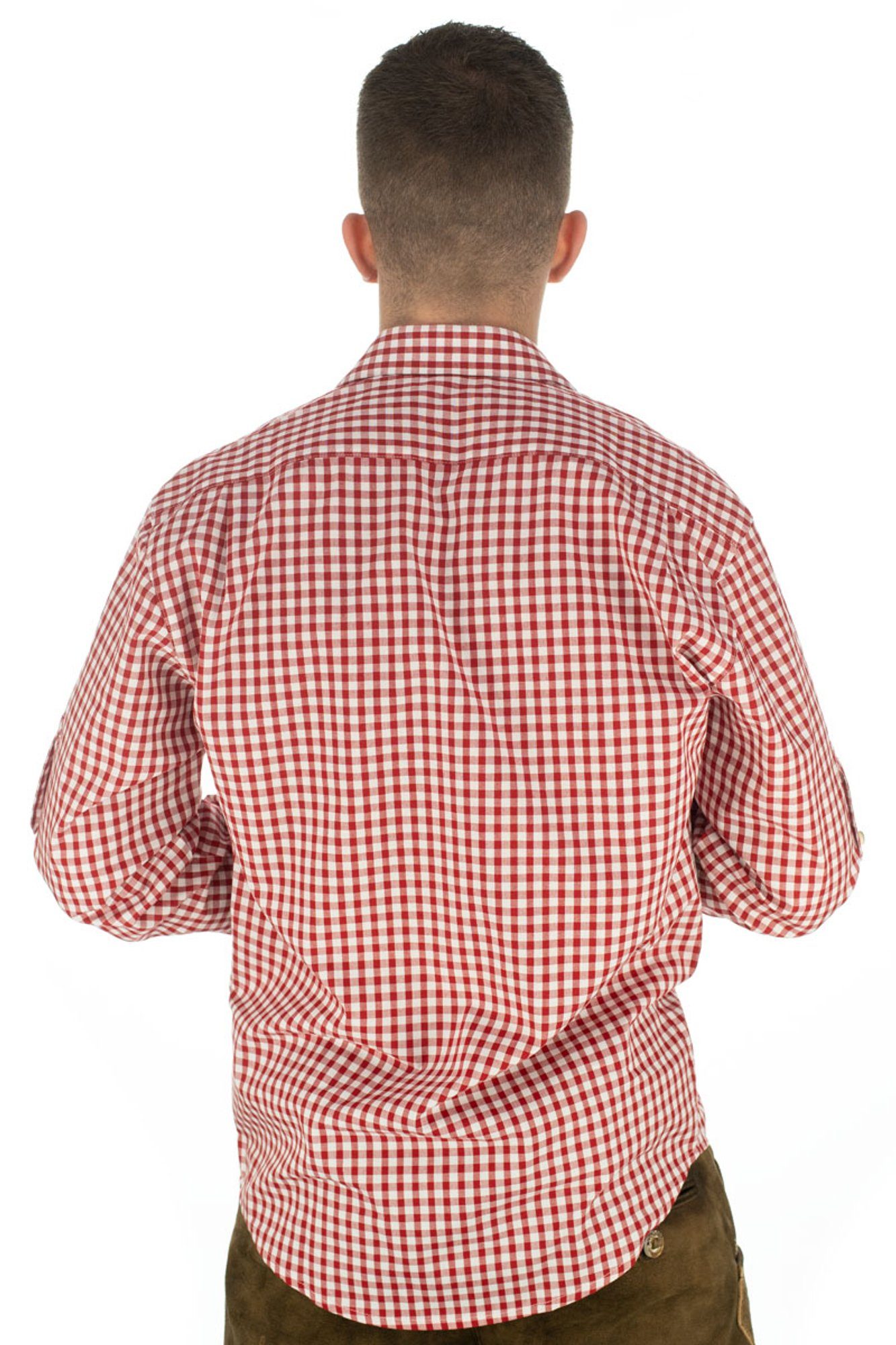 Langarmhemd Edelweiß-Stickerei OS-Trachten Knopfleiste Trachtenhemd mittelrot auf mit Latee der