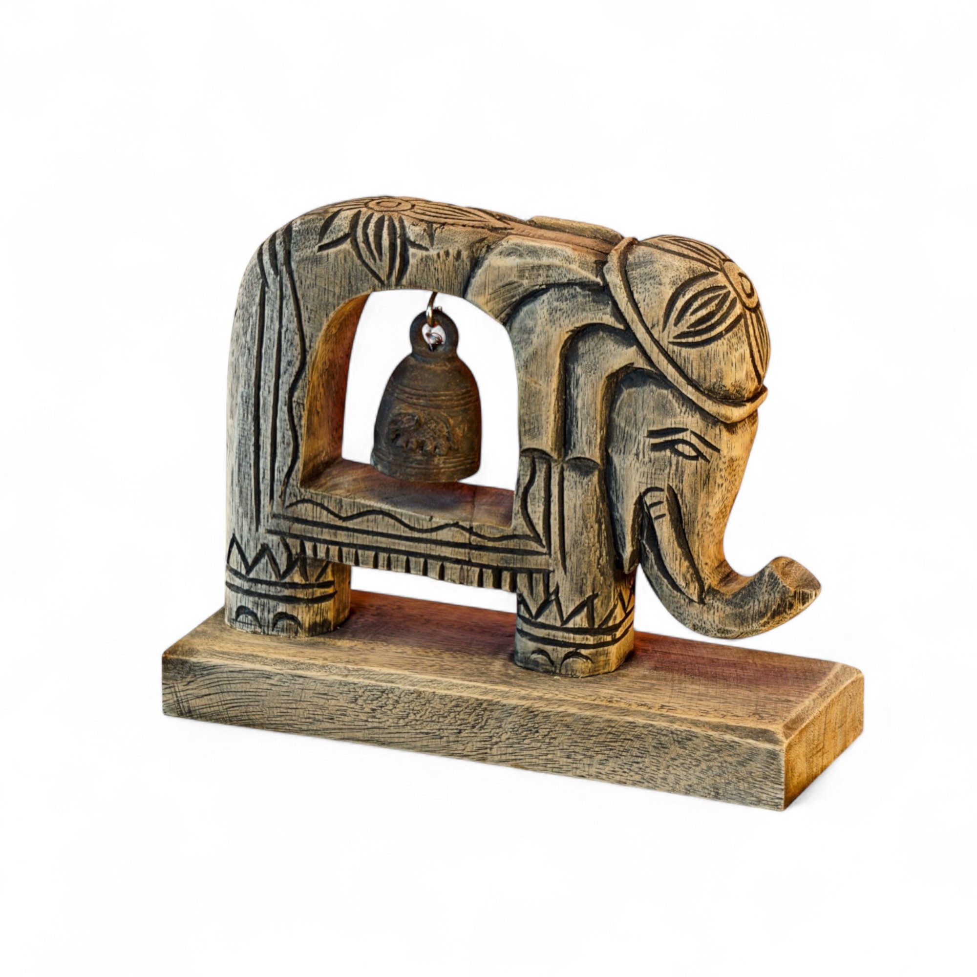 Kinaree Skulptur Elefant mit Bronze Glocke, Schnitzerei, Unikat, inkl. Bronzeglocke