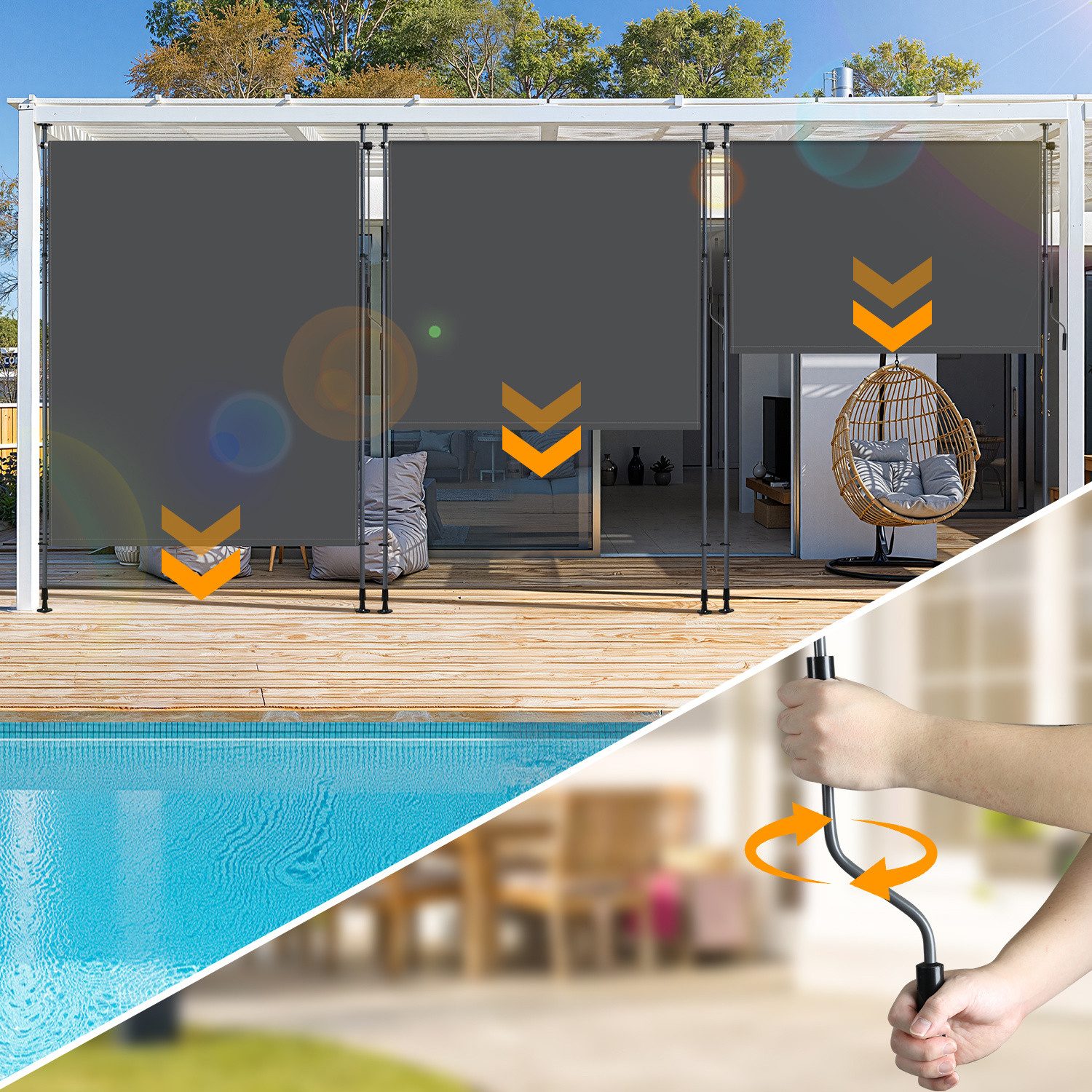Clanmacy Senkrechtmarkise Klemmmarkise Außenrollo Balkon Sichtschutz Sonnenschutz mit Handkurbel ohne Bohren, mit Handkurbel, 120/150/200 x 270 cm – Bild 4 von 5
