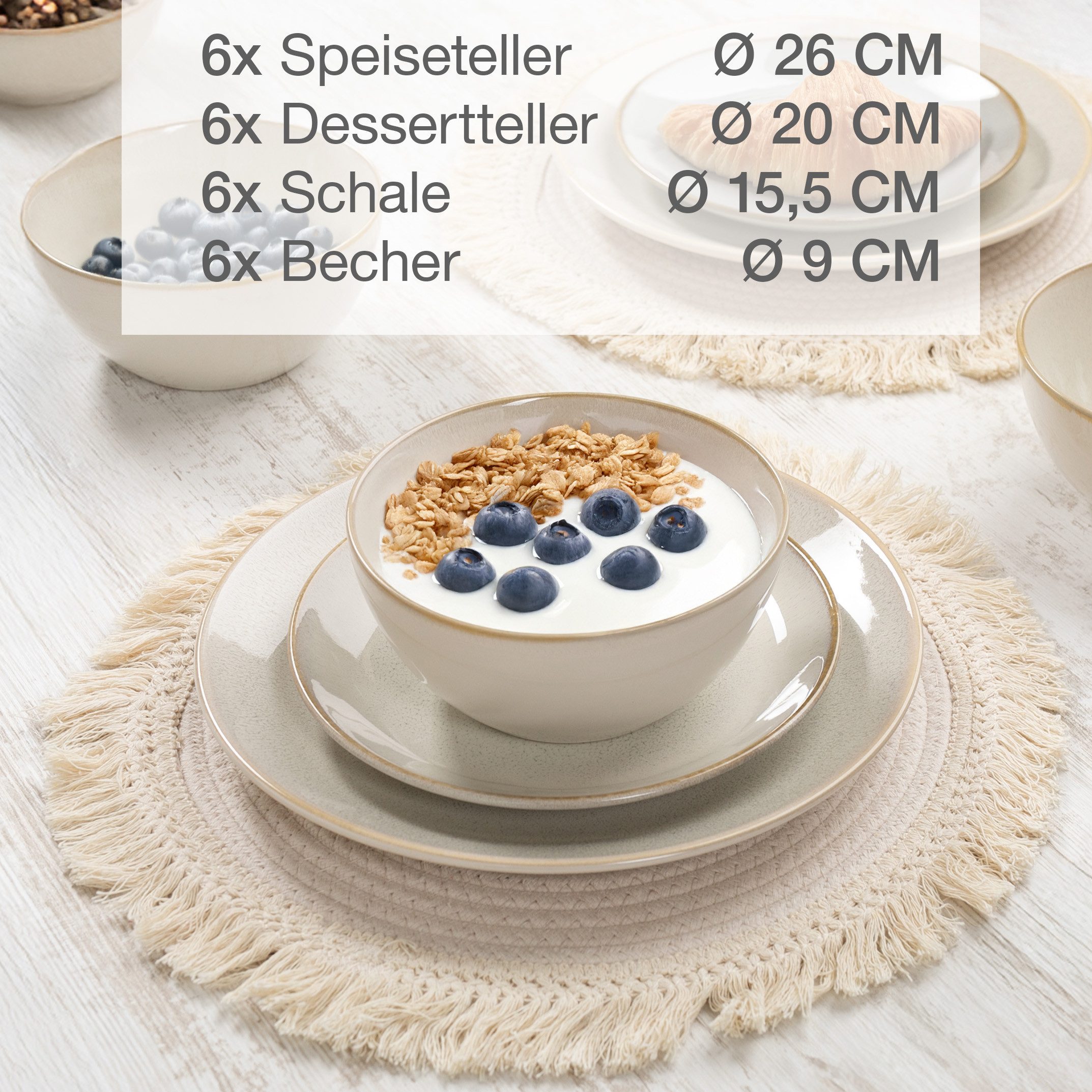 Moritz & Moritz Tafelservice SENSE beige Geschirrset (24-tlg), 6 Personen, Steingut, Kombigeschirr für 6 Personen