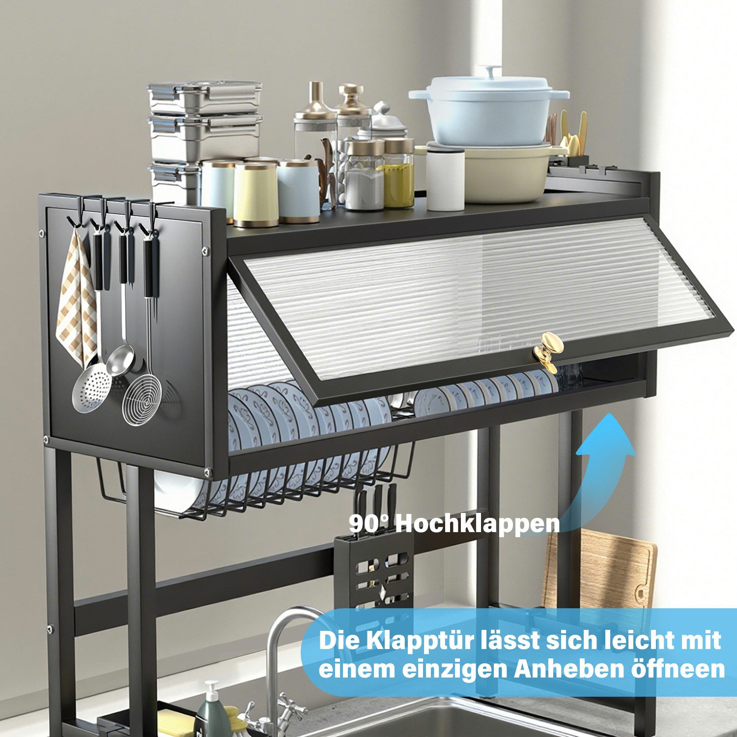 oyajia Geschirrständer Abtropfständer über der Spüle 85cm 3-stufiges Abtropfgestell Dish Rack, Küchen-Organizer mit Schranktür, Utensilienhalter, Hakenes, Stahl – Bild 5 von 5