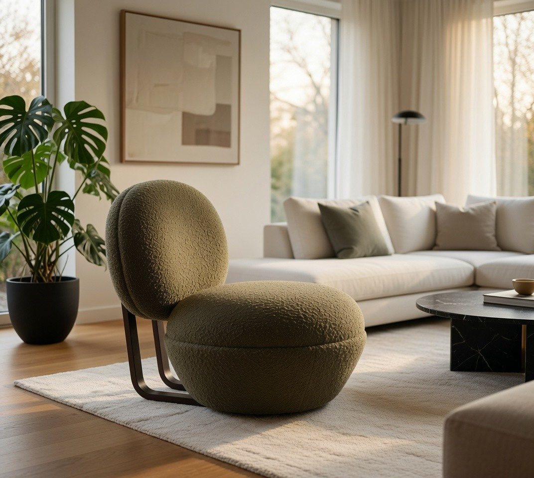 Xlmoebel Loungesessel Eleganter Bouclé Sessel in Grün mit dunklem Gestell (1-St., Bouclé Sessel Grün), Made in Europa