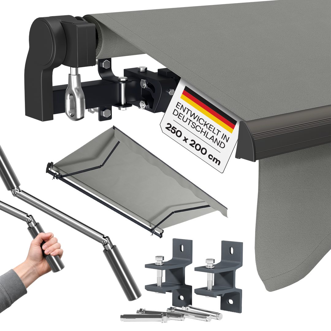 STEELSØN Gelenkarmmarkise Kestria wetterfest & blickdicht, Alu-Kassette, Wandhalterung & Gewebe (250x200 cm, grau) langlebiges Kunststoffgewebe, Markise für Balkon/Dachterrasse/Garten