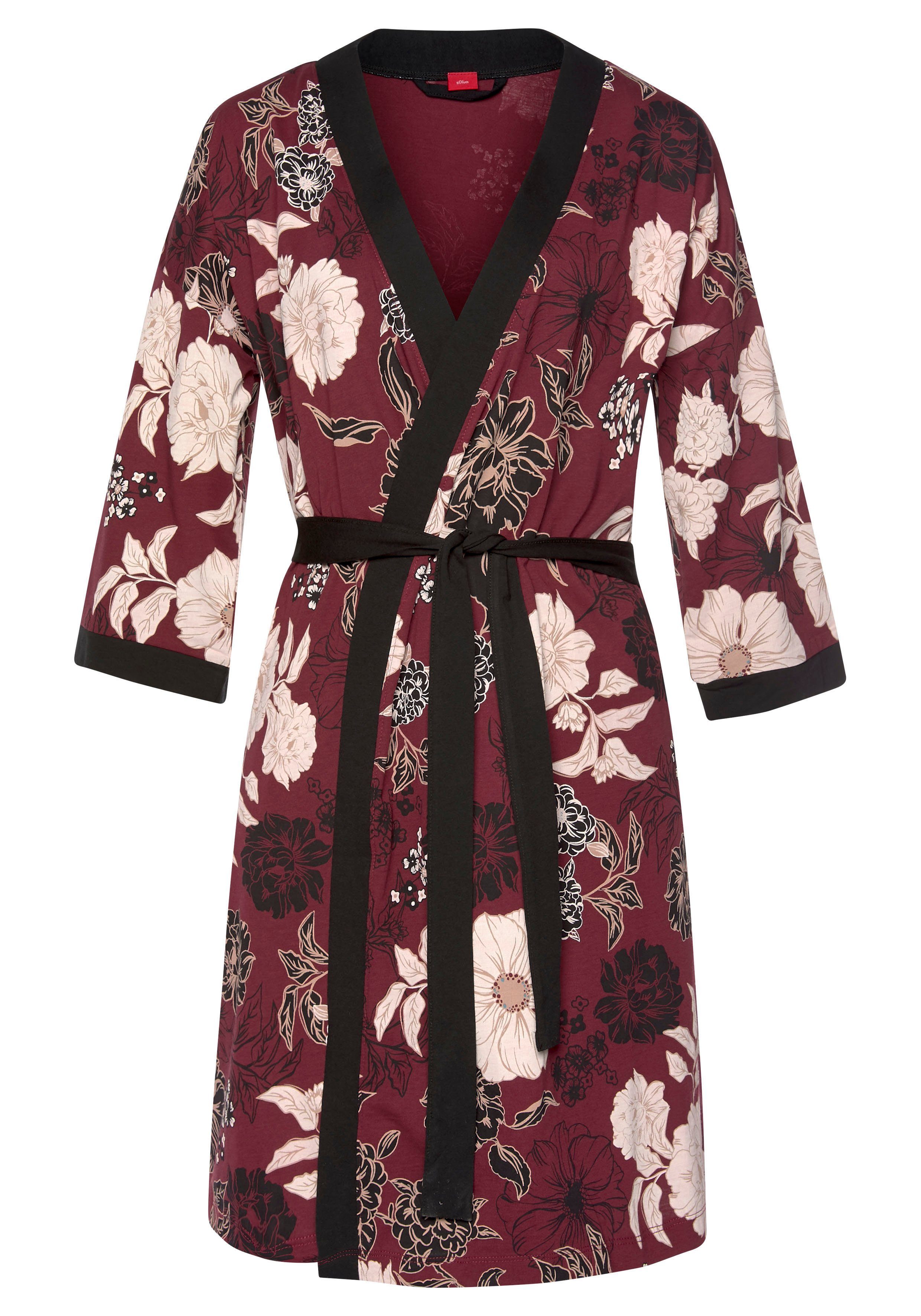 s.Oliver Kimono, Kurzform, Baumwoll-Mix, Gürtel, mit bordeaux-schwarz Blumen-Dessin