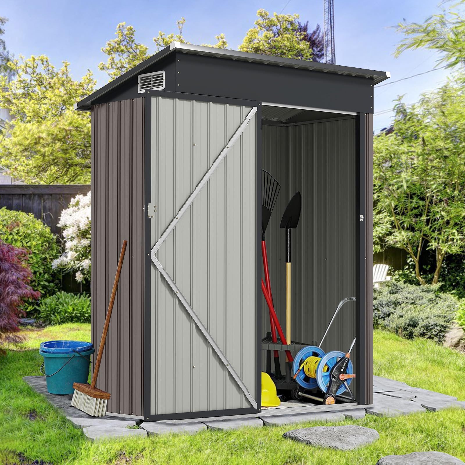 COSTWAY Gerätehaus, (1 St), Metall Gartenhaus, mit Pultdach, Tür, 150x90,5x185 cm, 1,5 m³