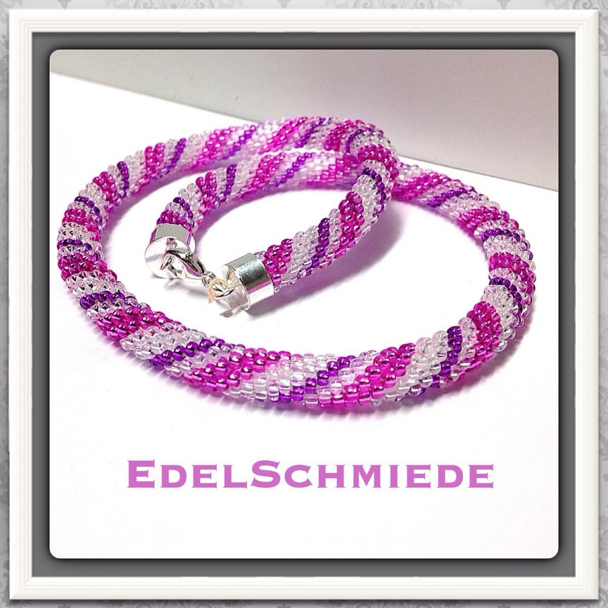 Kette ohne Anhänger Schlauchkette aus Glasperlen gehäkelt 925 Schließe 44 cm