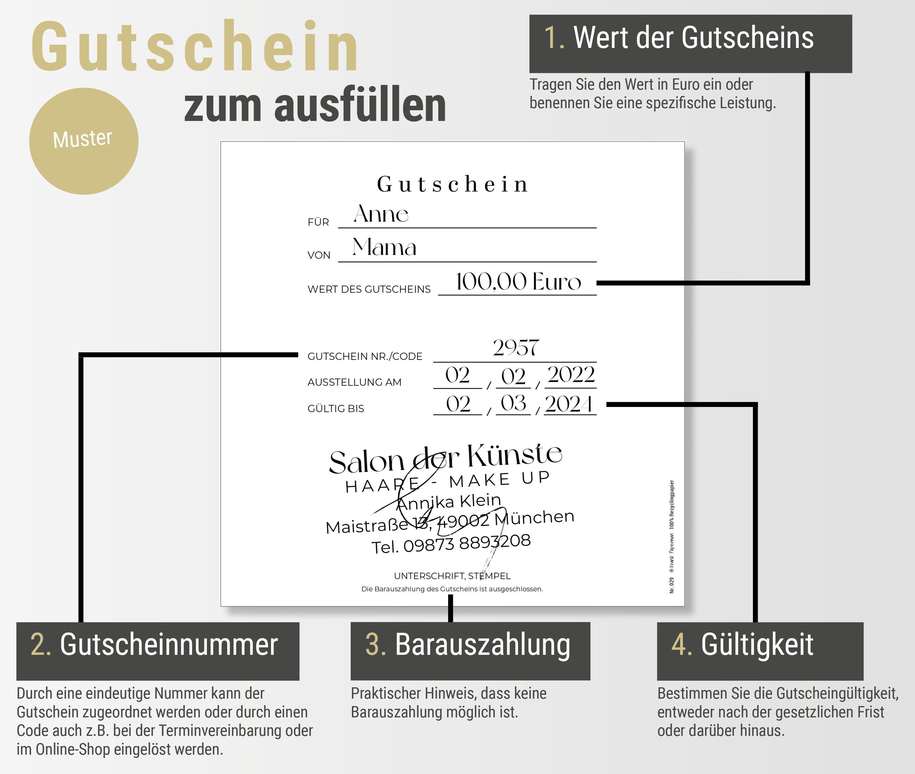 Frank Paperman Geschenkkarte, Ausfüllen, Gutschein für Kunden, Recyclingpapier Gutschein, 100 zum Friseur % selber