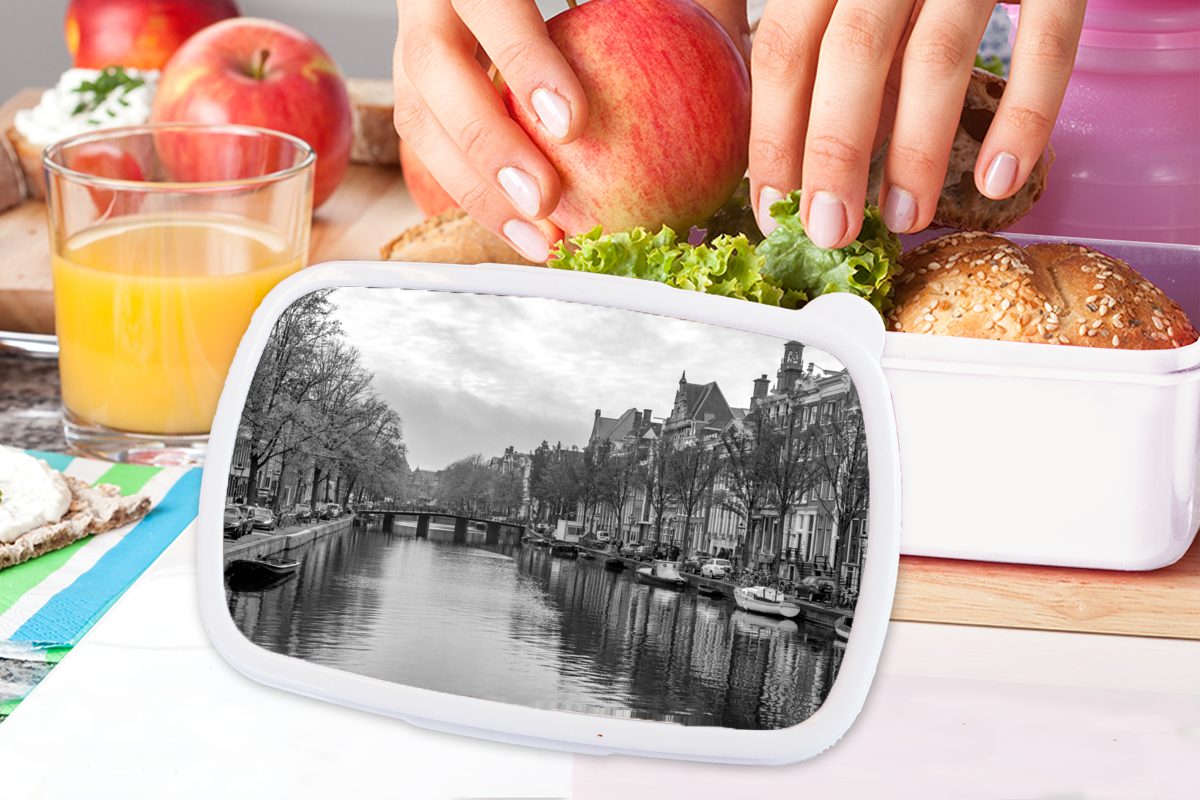 MuchoWow Lunchbox Alltägliches Bild der Jungs Kinder Kunststoff, Brotdose, Brotbox Mädchen Prinsengracht für schwarz-weiß, und - für Amsterdam in Erwachsene, und (2-tlg)