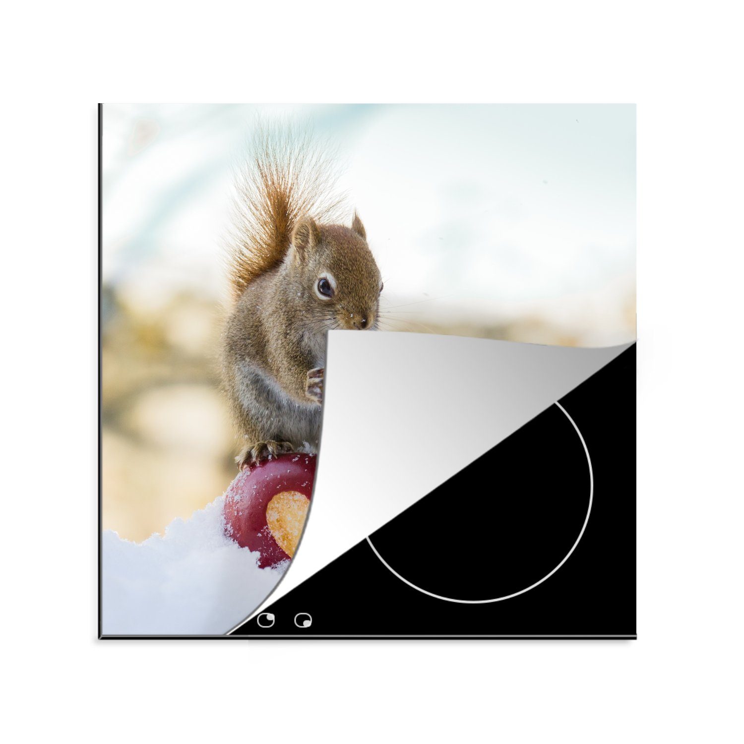 Eichhörnchen Herdblende-/Abdeckplatte Vinyl, für cm, (1 küche MuchoWow fehlendem mit Herz, 78x78 Arbeitsplatte tlg), auf Apfel Ceranfeldabdeckung,