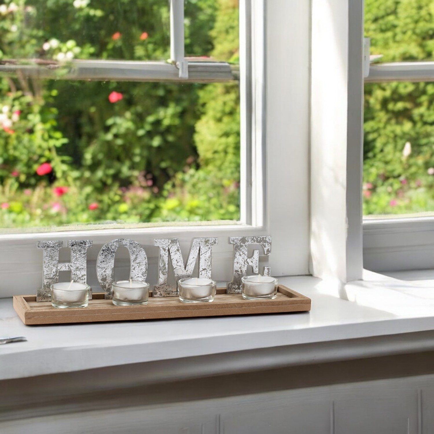 meberg Teelichthalter Teelichthalter-Set mit Tablett und "HOME" (Tischdekoration Esszimmer Wohnzimmer Küche, 5 St., 34,5 x 8, cm), Windlicht Kerzenhalter Dekotablett