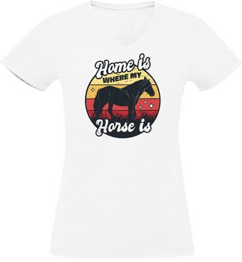 MyDesign24 T-Shirt Damen Pferde Print Shirt bedruckt - Home is where my Horse is Baumwollshirt mit Aufdruck, Slim Fit, i156