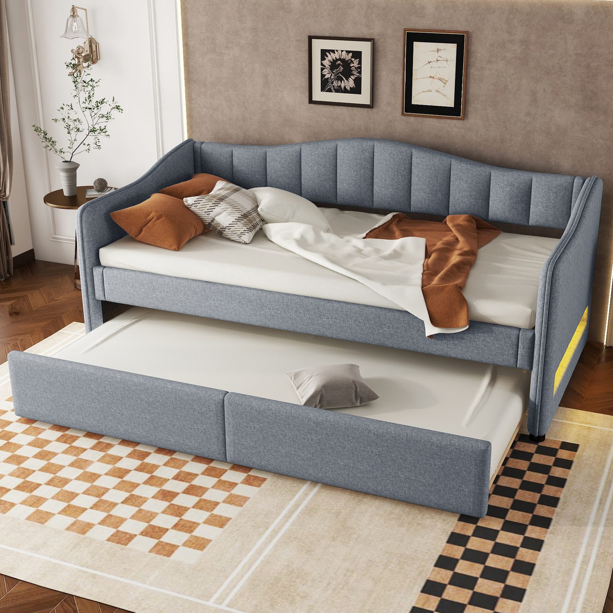 STILVORA Polsterbett 90x200 Schlafsofa mit bettfunktion Tagesbett ausziehbar Leinen Grau (Einzelbett im minimalistischen Stil, inkl. Ambiente-Licht, 90 x 200 cm), ohne Matratze