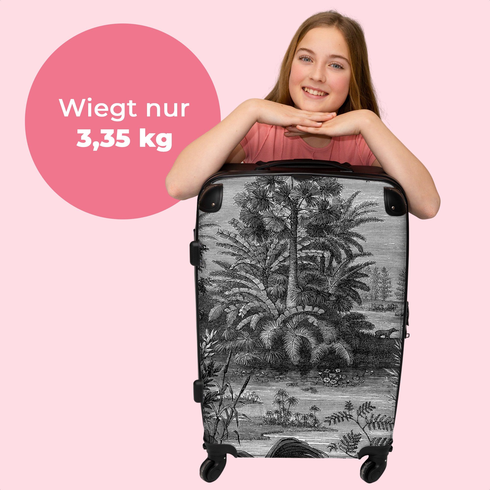 Reisekoffer und - Rollen, NoBoringSuitcases.com© Vintage mit Trolley Große Dschungel 4 - 67x43x25cm - Rollkoffer weiß, 4 Pflanzen Blätter - - Koffer Aufgabegepäck Rollen Schwarz