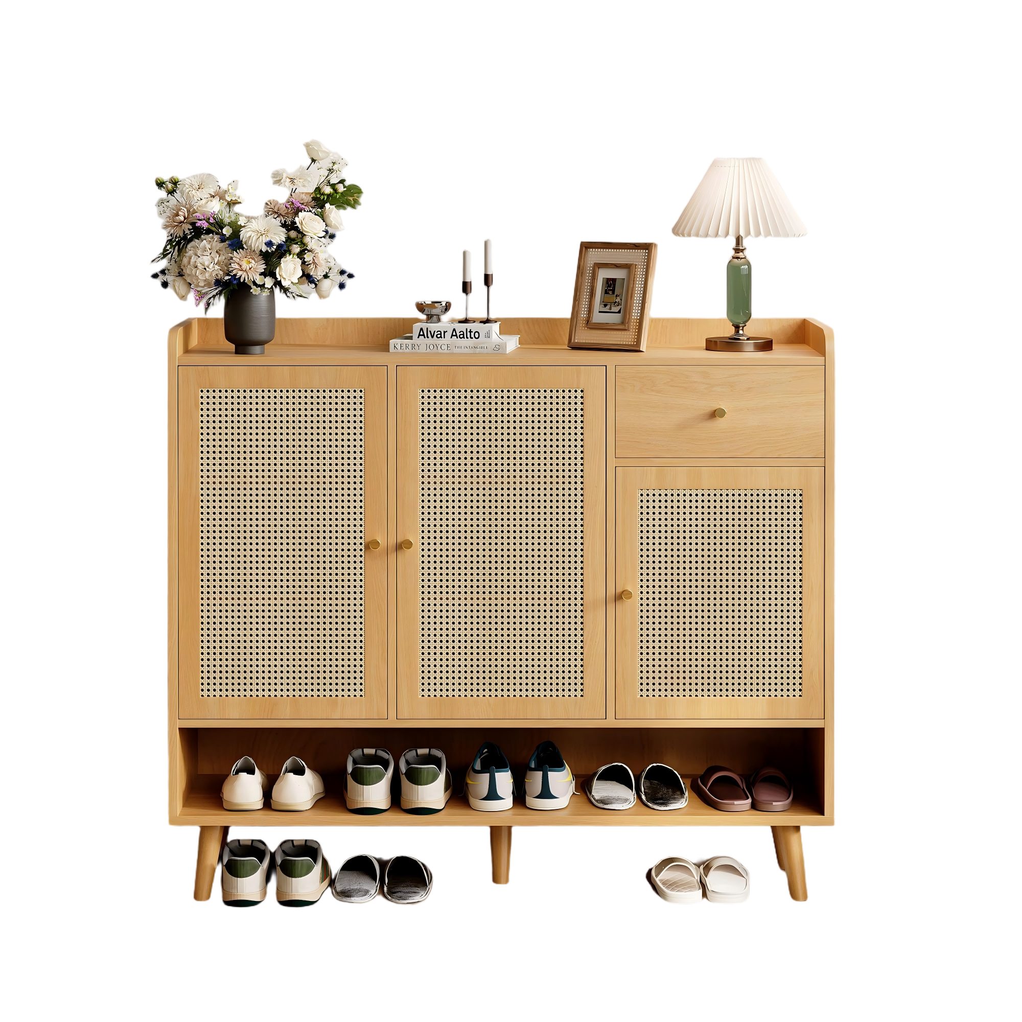 Refined Living Schuhschrank Schuhschrank aus natürlichem Rattan, Schuhkommode Schuhregal (Maße: B120/H106/T35 cm, mit 3 Türen, 1 Schublade & 5 Regalböden, Schuhschrank Rattan, Schuhkommode Flur, Kommode mit Stauraum, Flurmöbel Holz, Schuhkommode Massivholzbeine, mit Kippsicherung & kindersicheres Design, 1-St., großer Stauraum, Metallgriff & Massivholzbeinen, stabiler) für Flur, Eingangsbereich, Wohnzimmer,Wohnung, Büro