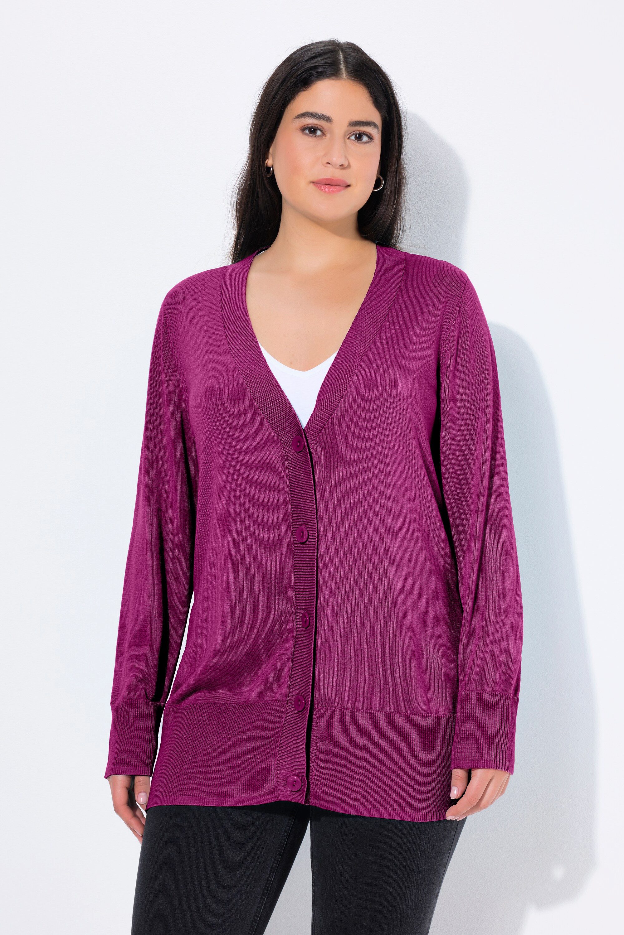 Ulla Popken Strickjacke Strickjacke V-Ausschnitt Knopfleiste Feinstrick günstig online kaufen