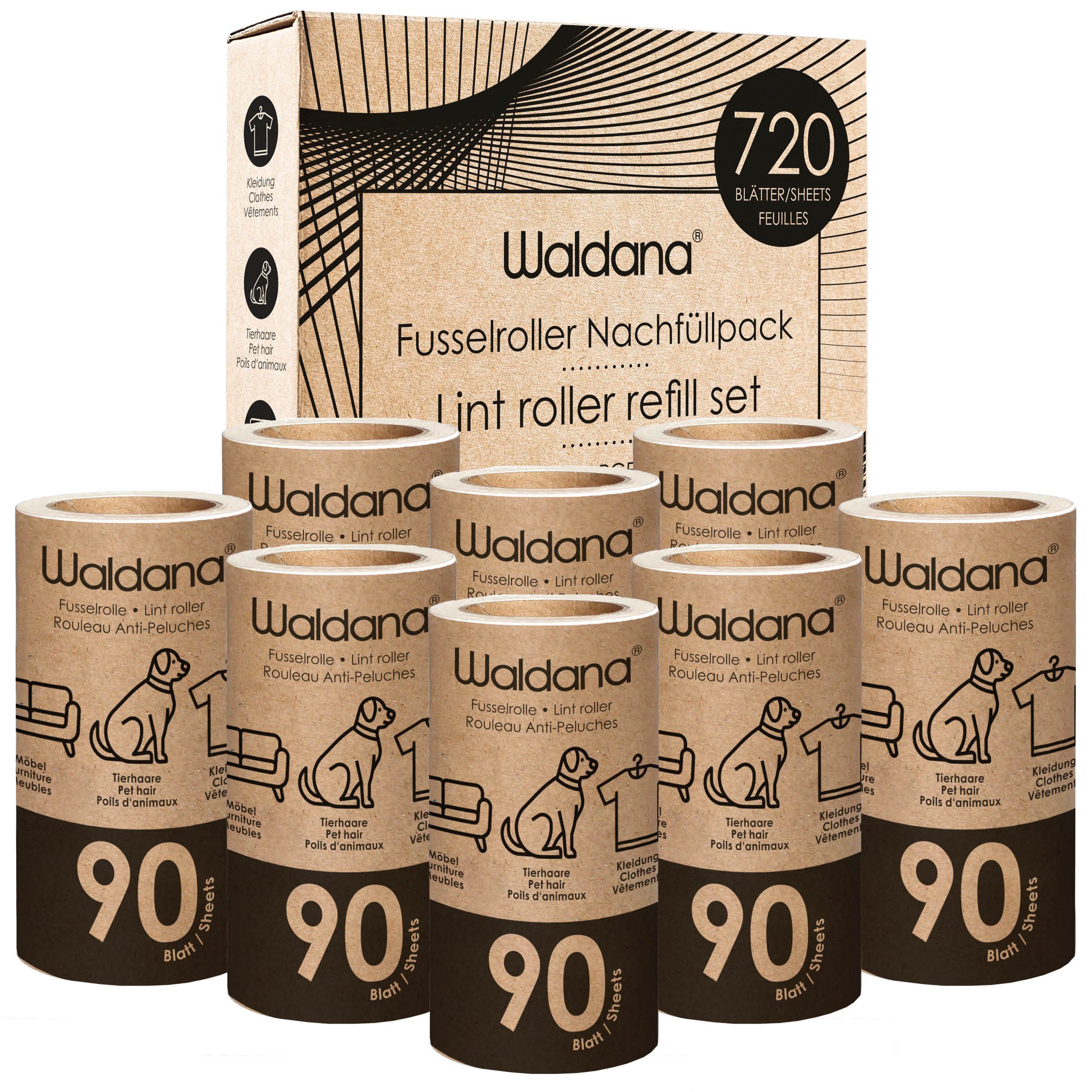 Waldana Ersatz-Fusselrolle Nachfüllpack für Fusselroller - 8 Rollen je 90 Blatt - 720 Blatt