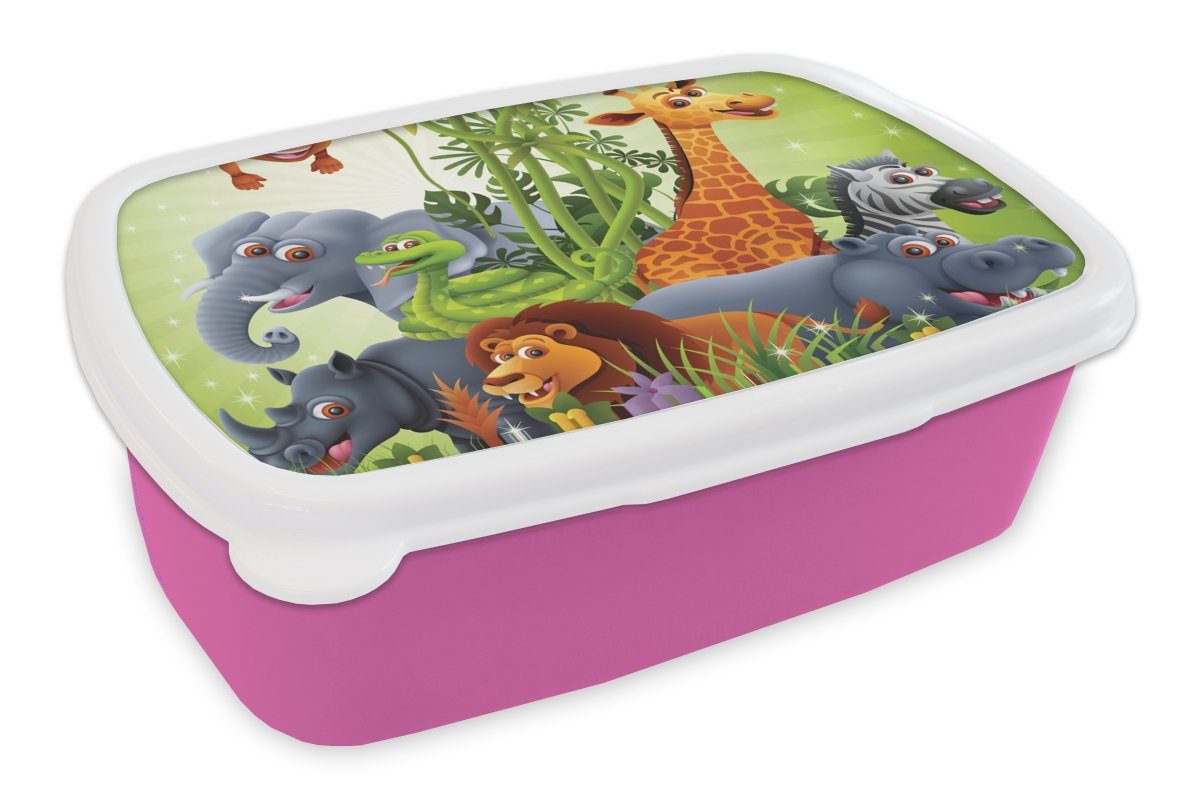 MuchoWow Lunchbox Dschungeltiere - Pflanzen - Kinder - Elefant - Giraffe - Löwe, Kunststoff, (2-tlg), Brotbox für Erwachsene, Brotdose Kinder, Snackbox, Mädchen, Kunststoff rosa