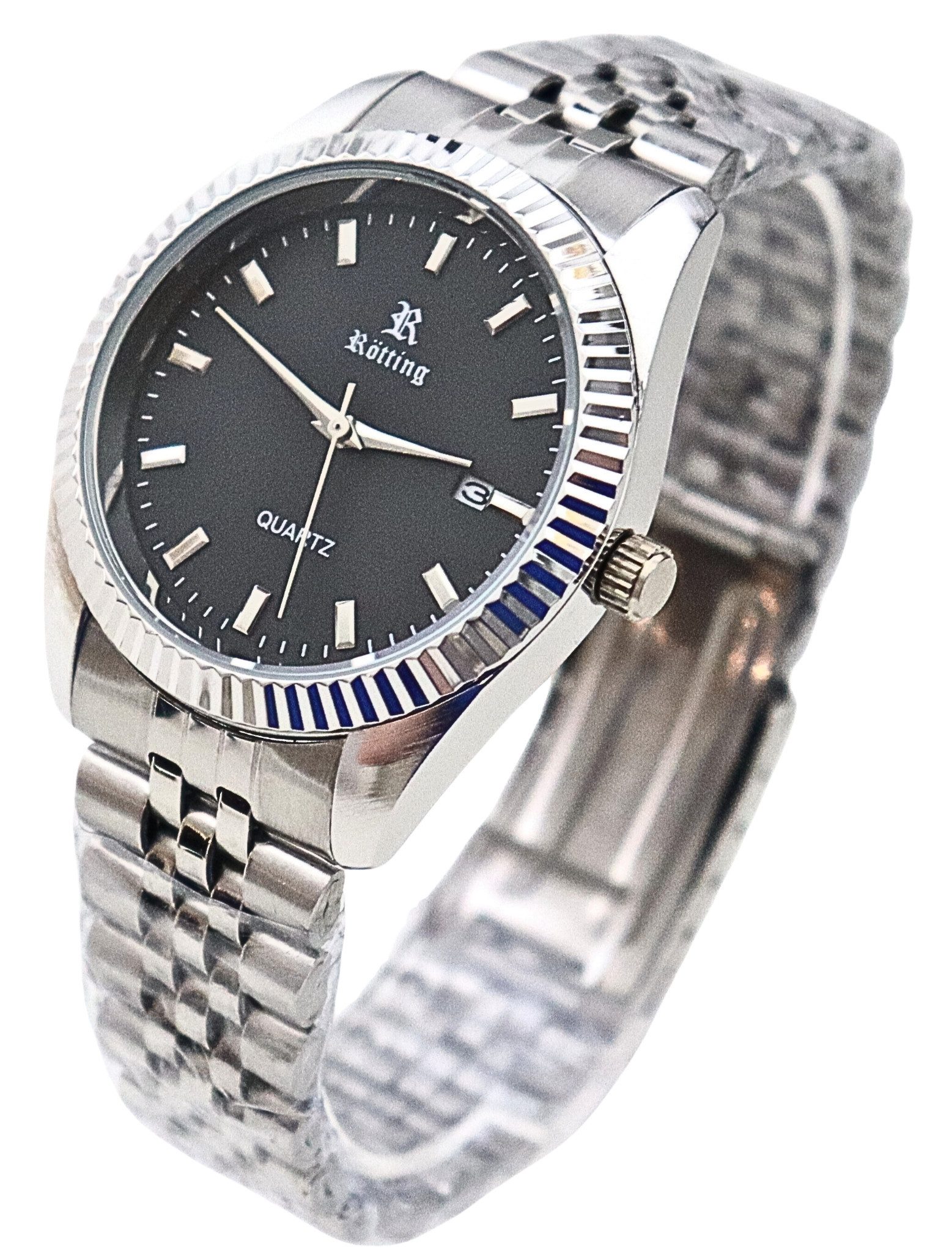 Rötting Design Quarzuhr Herrenuhr Quarz silberfarbene Lünette schwarzes Ziffernblatt DATUM, (1-tlg)