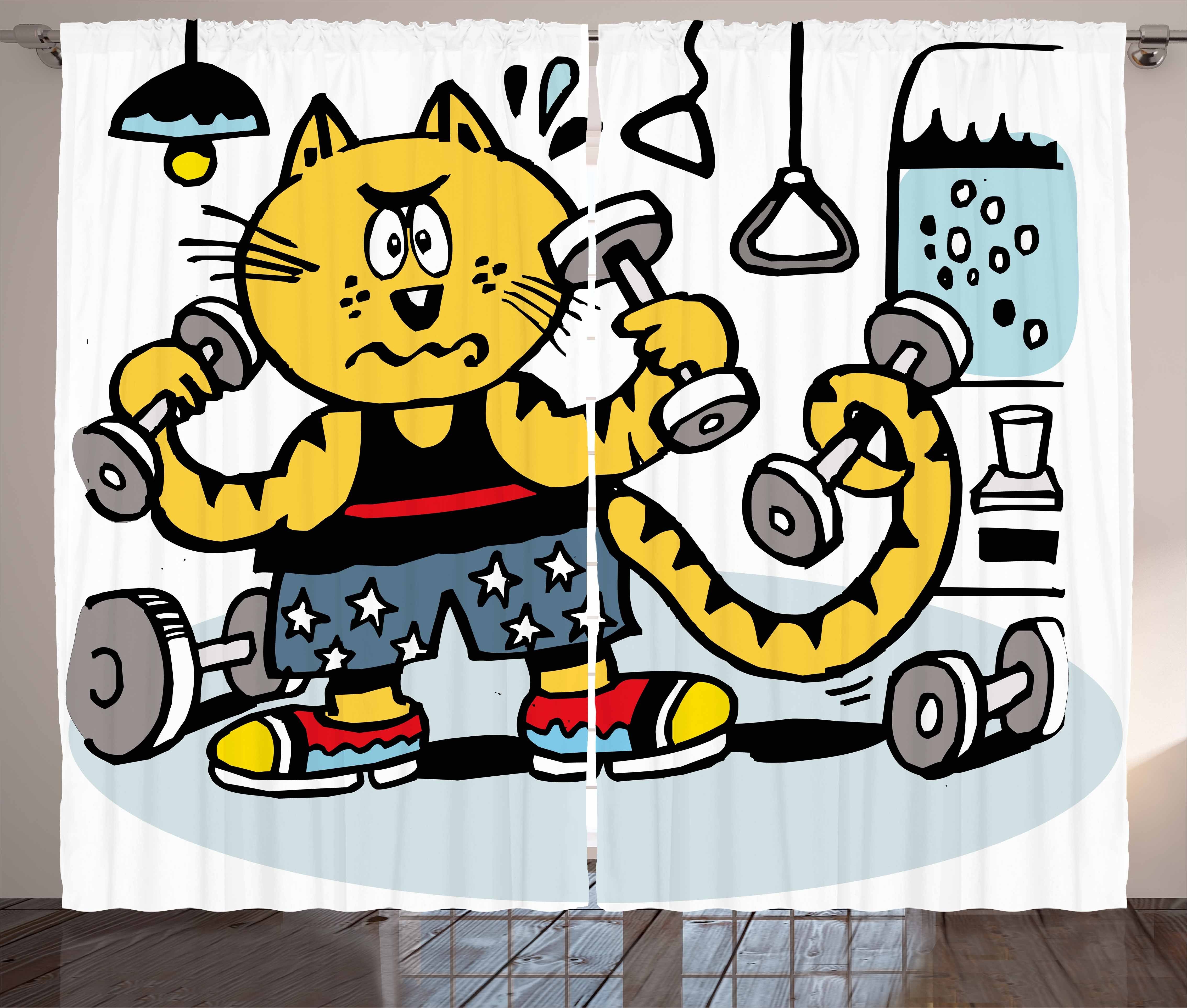 Lifting Haken, und Fitness Vorhang Gardine mit Kräuselband Schlafzimmer Schlaufen Abakuhaus, Cartoon-Katze
