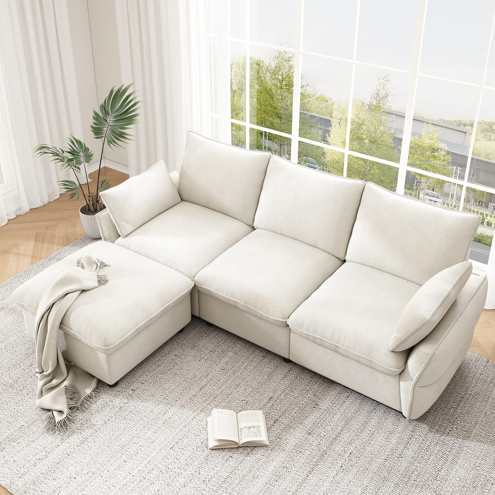 Flieks Ecksofa 3-Sitzer Sofa inkl. 1 Hocker & 2 Zierkissen, 222,5×154,5×76,5 cm 1 Teile, L-Form Couch Chaiselongue mit Schlaffunktion, Chenille, Beige – Bild 4 von 5