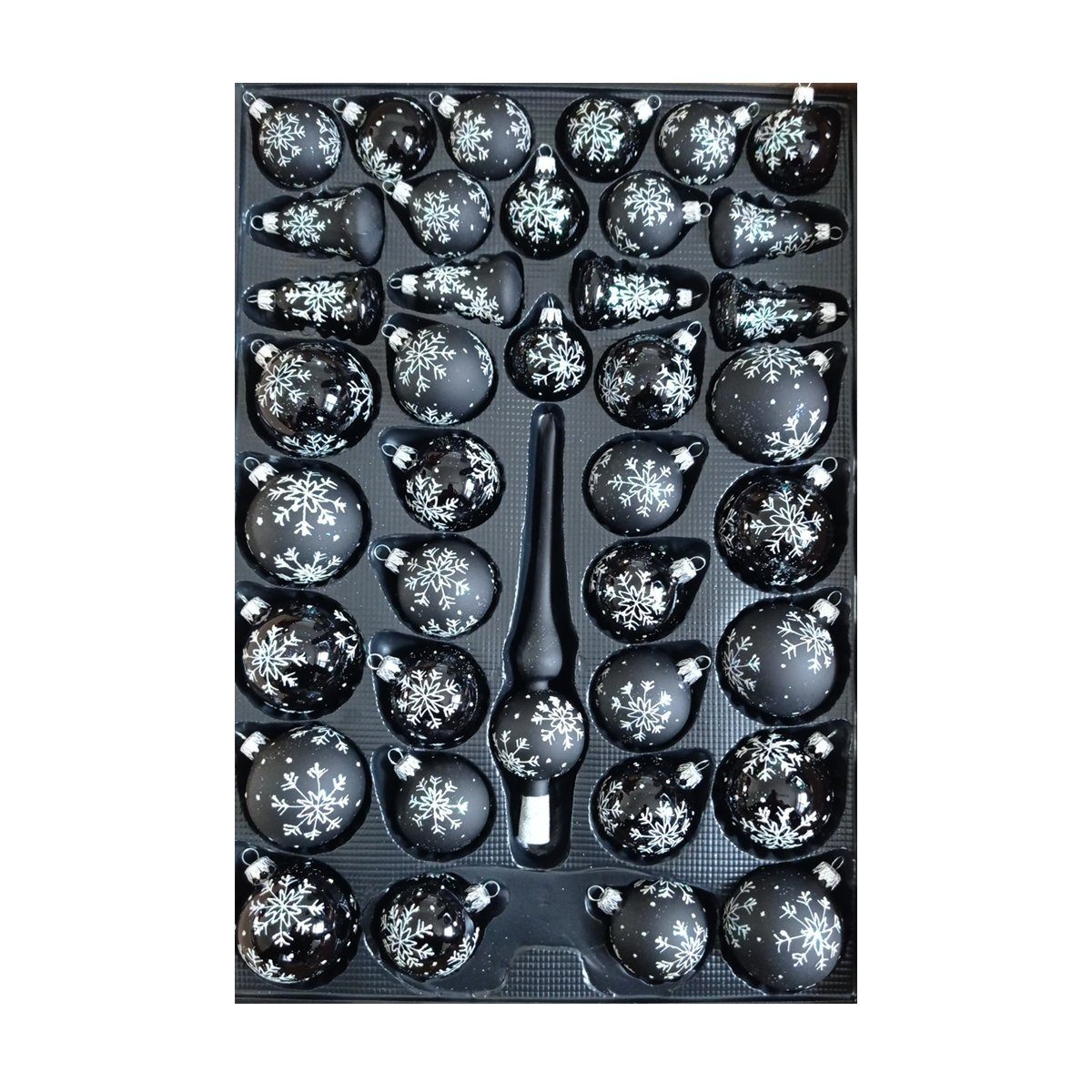Nostalgie Christbaumschmuck Thüringen Christbaumschmuck SET Christbaumschmuck Glas SCHWARZ m. Schneeflocken (39-tlg)