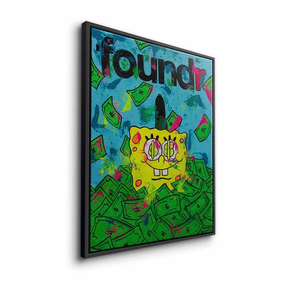 DOTCOMCANVAS® Leinwandbild, Leinwandbild premium Rahmen money goldener blau grün Geld mit Rahmen Spongebob