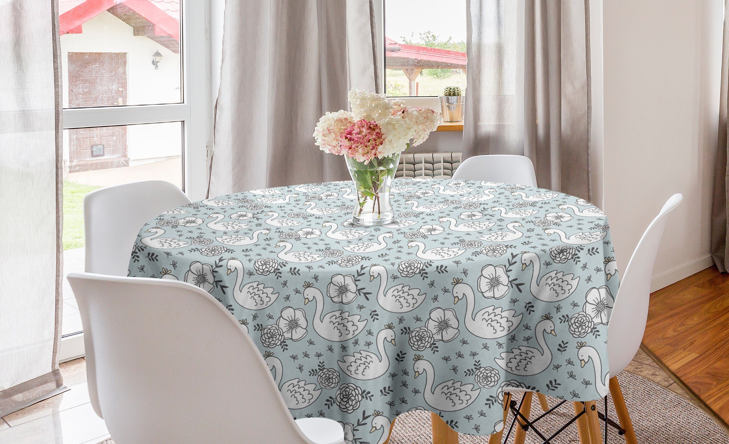 Abakuhaus Tischdecke Kreis Tischdecke Abdeckung für Esszimmer Küche Dekoration, Swans Hand gezeichnete Blumen und Vögel