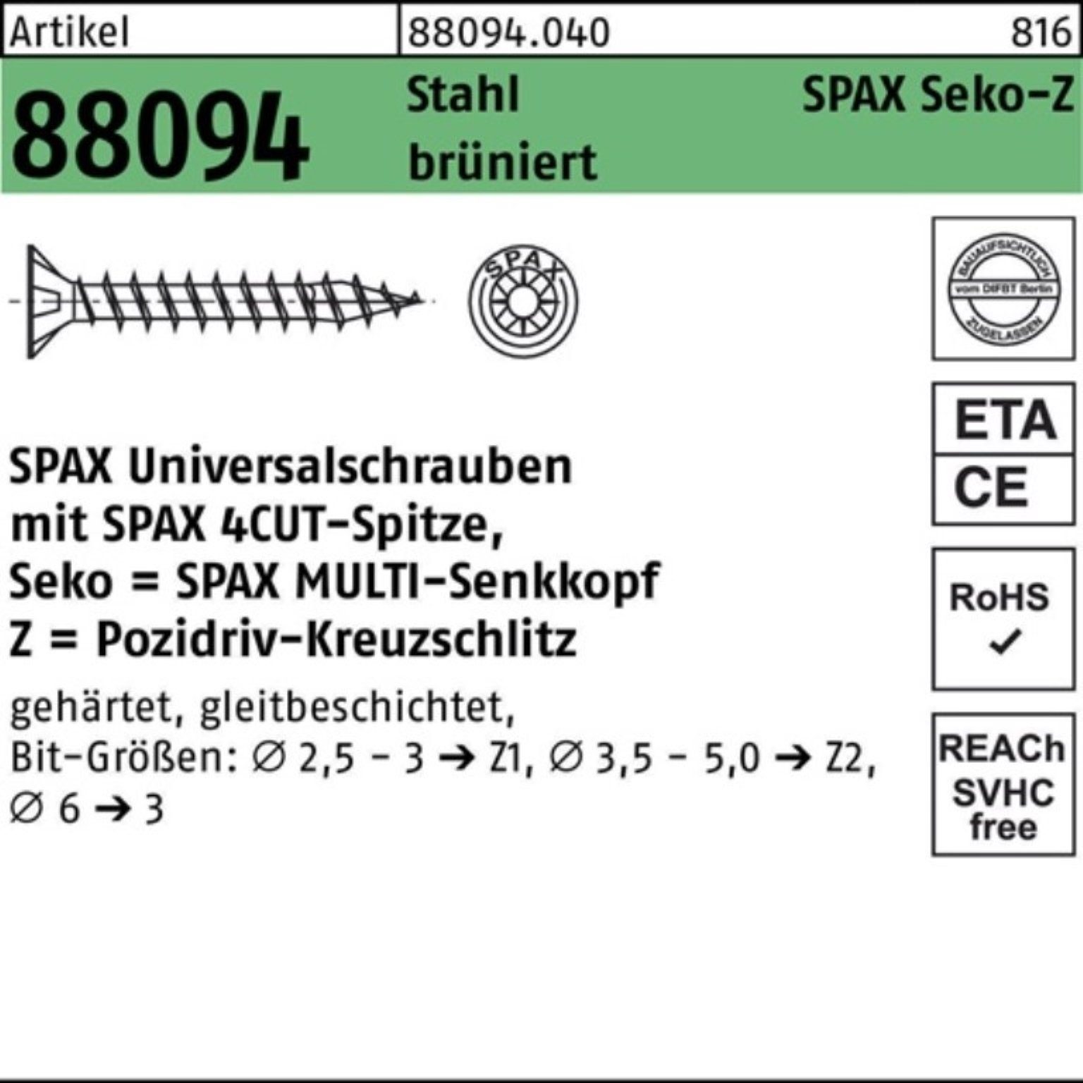 SPAX Schraube 500er Pack Schraube R 88094 SEKO Spitze/PZ 4,5x70/59-Z Stahl brüniert
