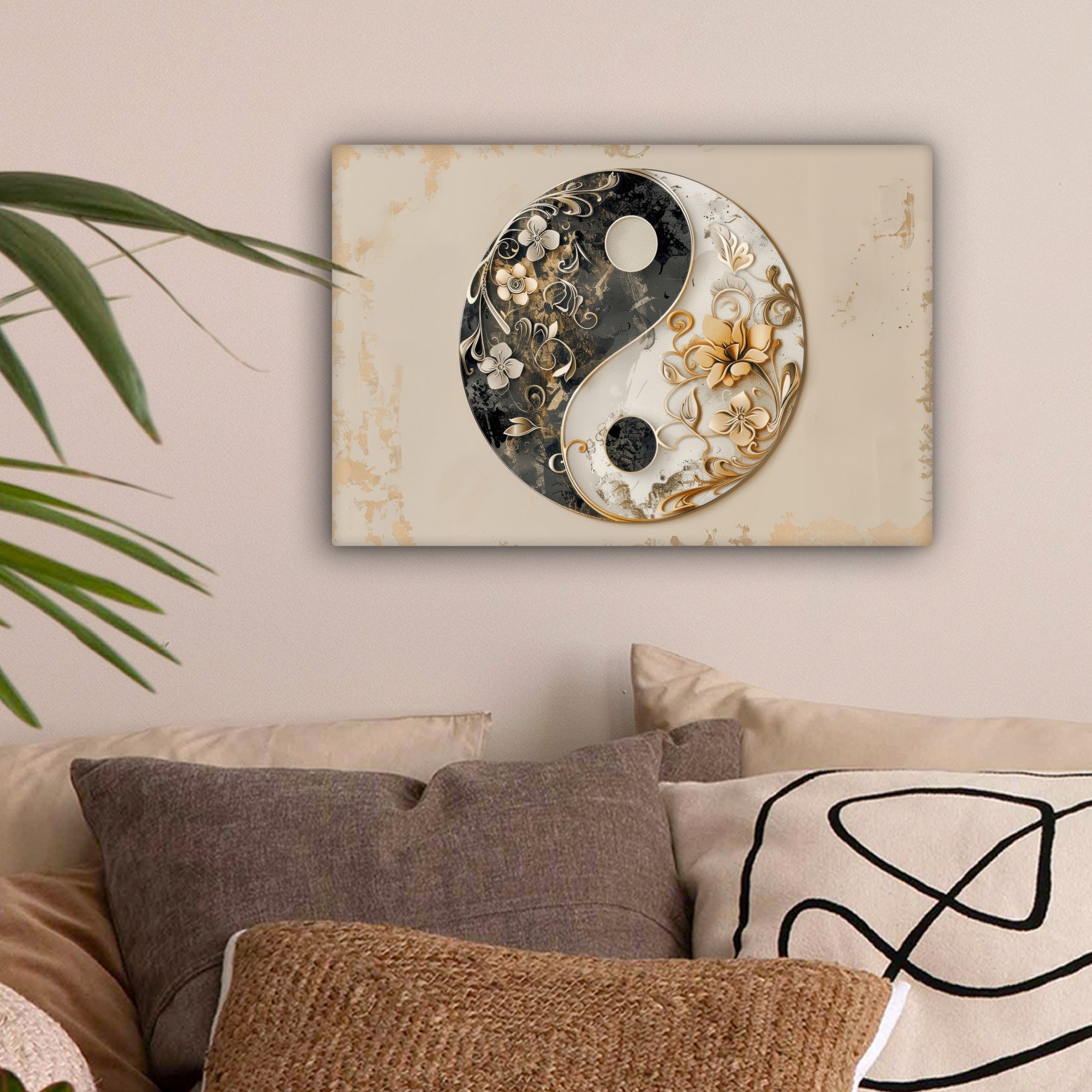 OneMillionCanvasses® Leinwandbild Yin Yang - Blumen - Schwarz - Weiß - Vint günstig online kaufen