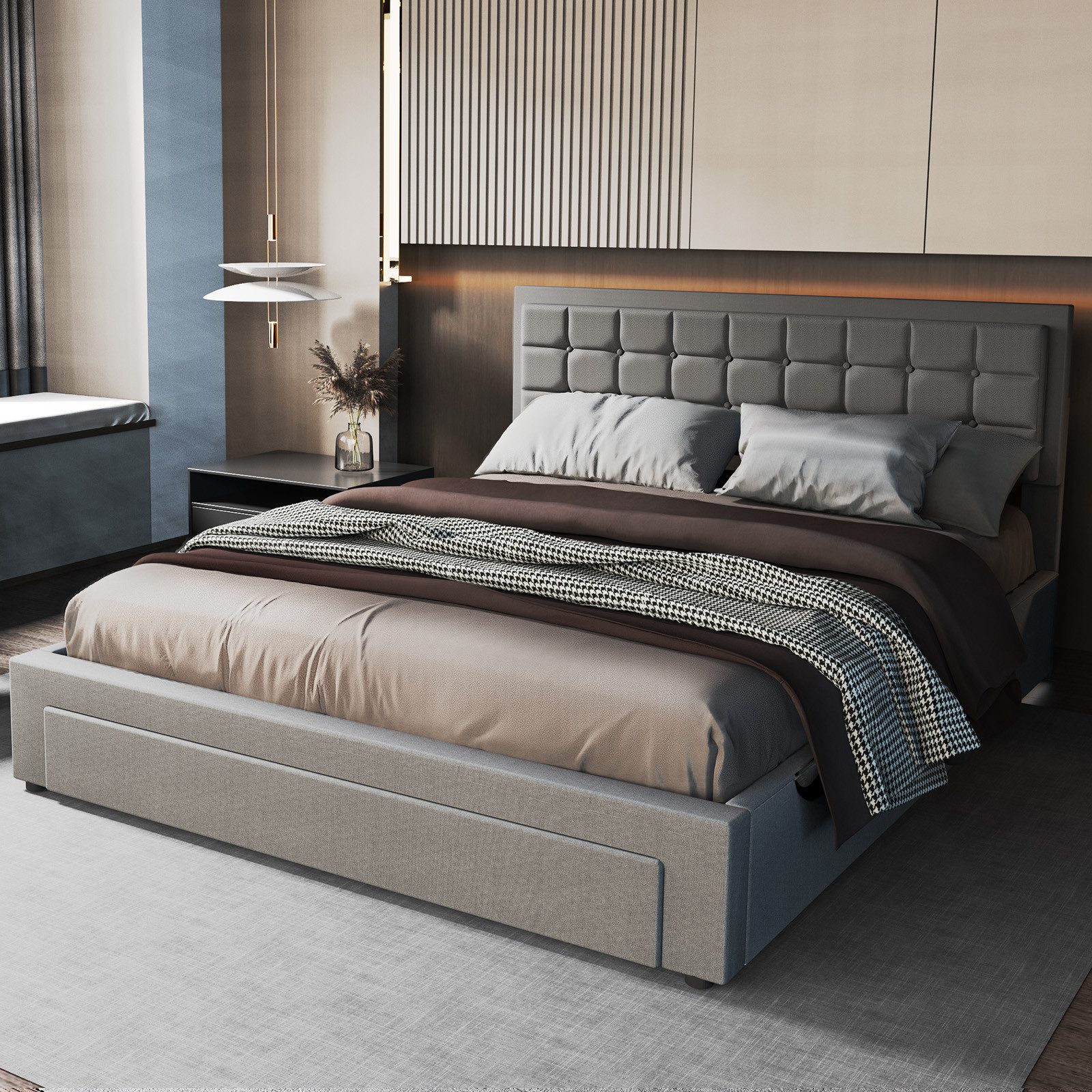 oyajia Polsterbett Doppelbett Polsterbett 140x200cm, Luftdruck anhebbarer Stauraumbett (Leinenmaterial Polsterbett mit Lattenrost und Luftdruckhebel), Modernes Jugendbett, Leises Design, Einfach zu montieren und stabil