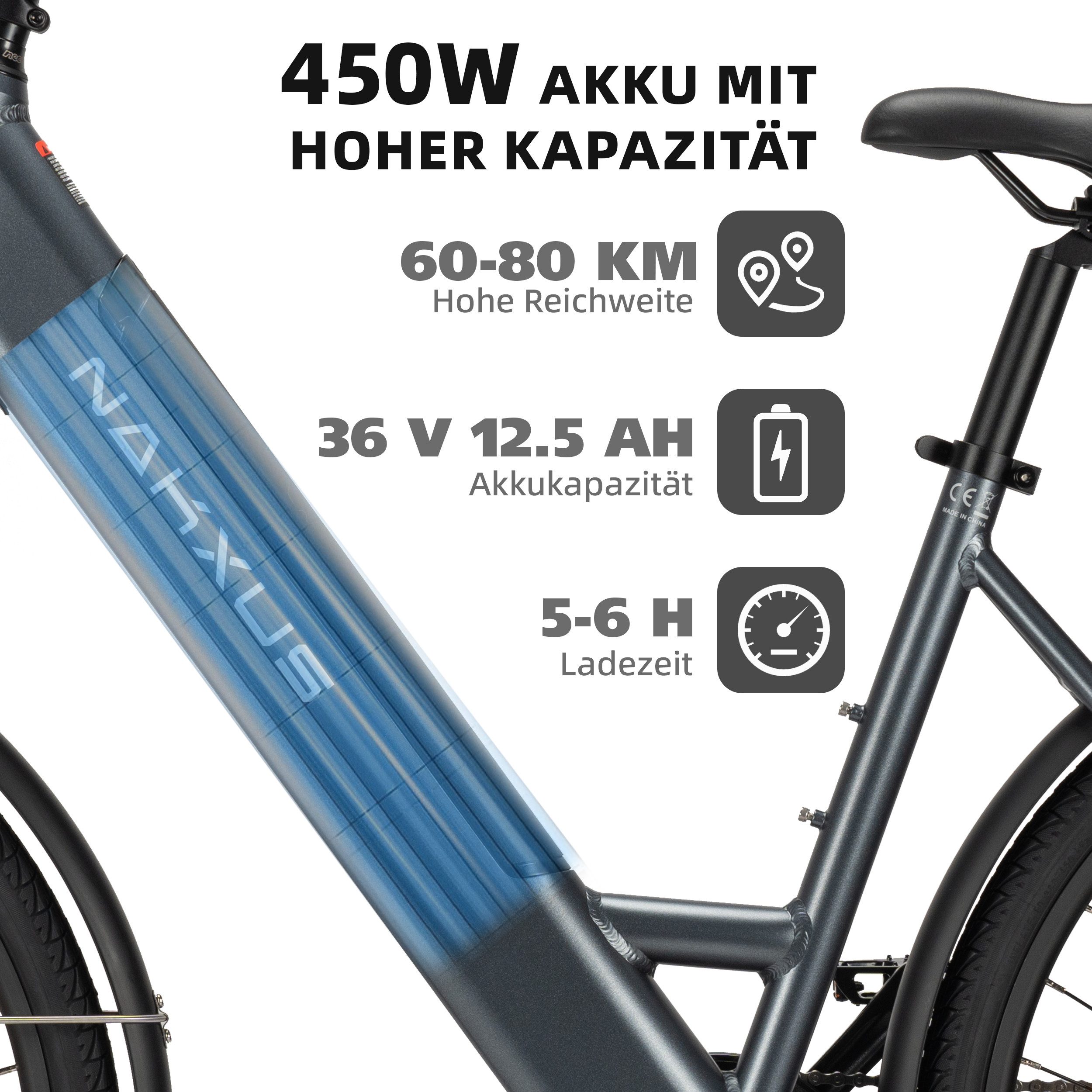 Vankel E-Bike Trekkingrad Citybike Trekkingrad 26 Zoll, 250W, 60–80 km Reichweite, 7 Gang Schimano Schaltwerk, Kettenschaltung, Heckmotor, 450 Wh, Shimano 7-Gang Kettenschaltung, 60 Nm Drehmoment, 36V 12.5Ah Akku
