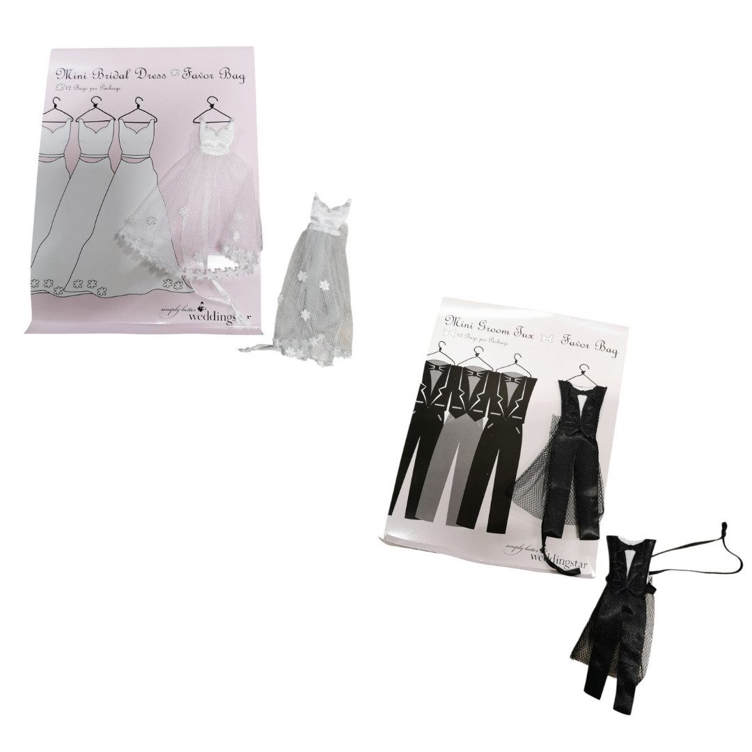 Partystrolche Geschenkbox Gastgeschenk Hochzeit Beutelchen Braut und/oder Bräutigam (Spar-Set, 12er Set Brautkleid oder 12er Set Tuxedo)